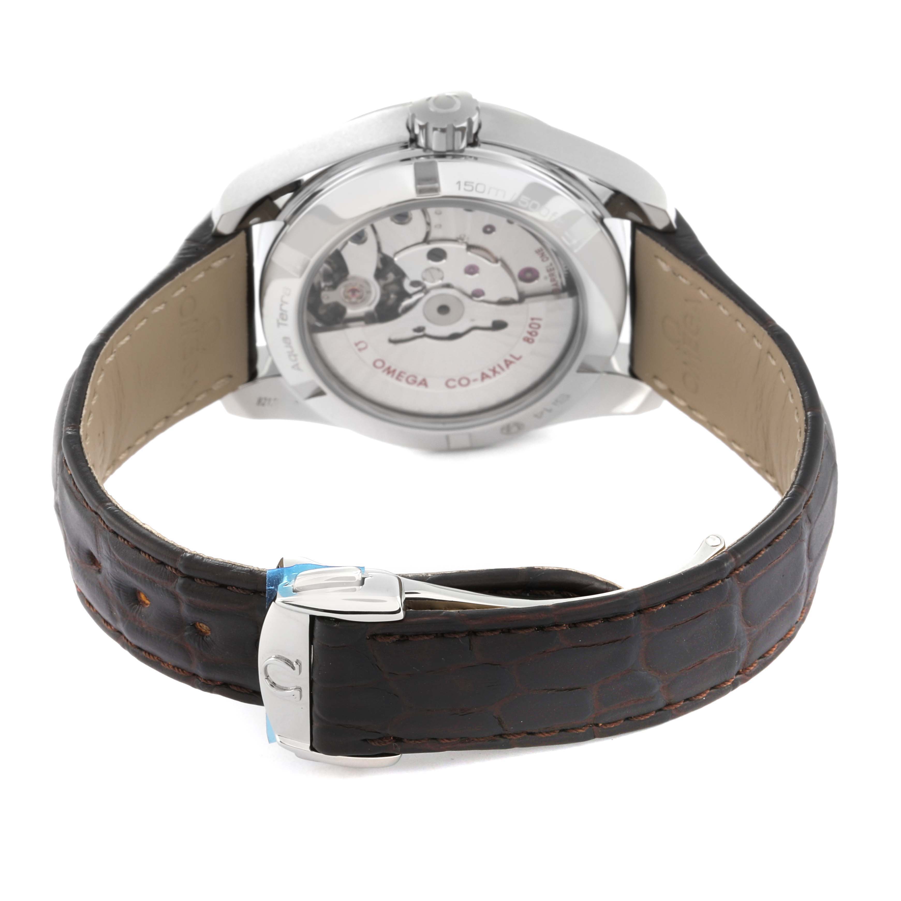 The image shows the back view of an Omega Aqua Terra 231.13.39.22.02.001 Men's Stainless Steel Silver Dial 231.13.39.22.02.001 Men's Stainless Steel Silver Dial watch, displaying its movement and clasp on the leather strap.