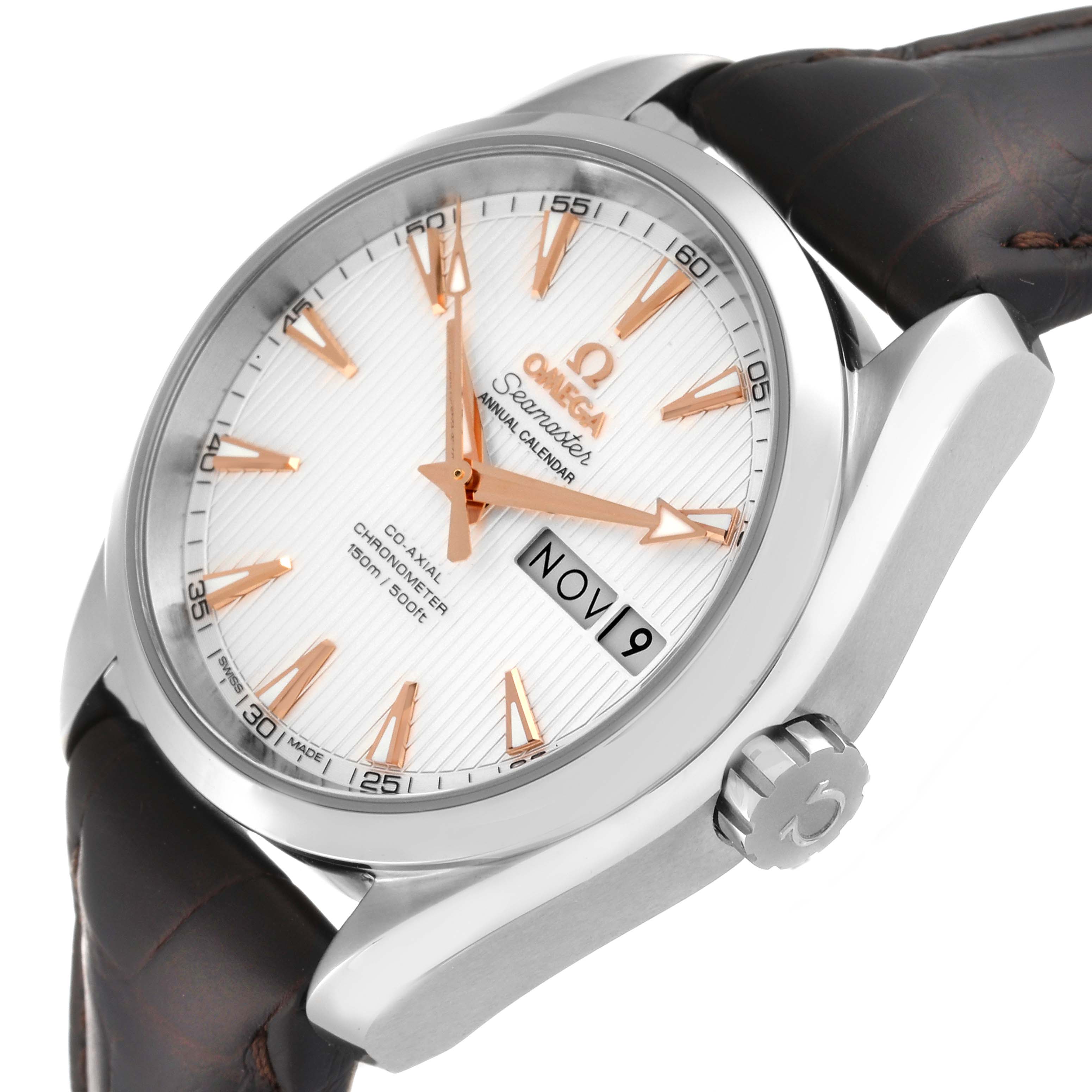 The image shows a close-up angle of the Omega Aqua Terra 231.13.39.22.02.001 Men's Stainless Steel Silver Dial 231.13.39.22.02.001 Men's Stainless Steel Silver Dial watch face and side, highlighting its crown and leather strap.