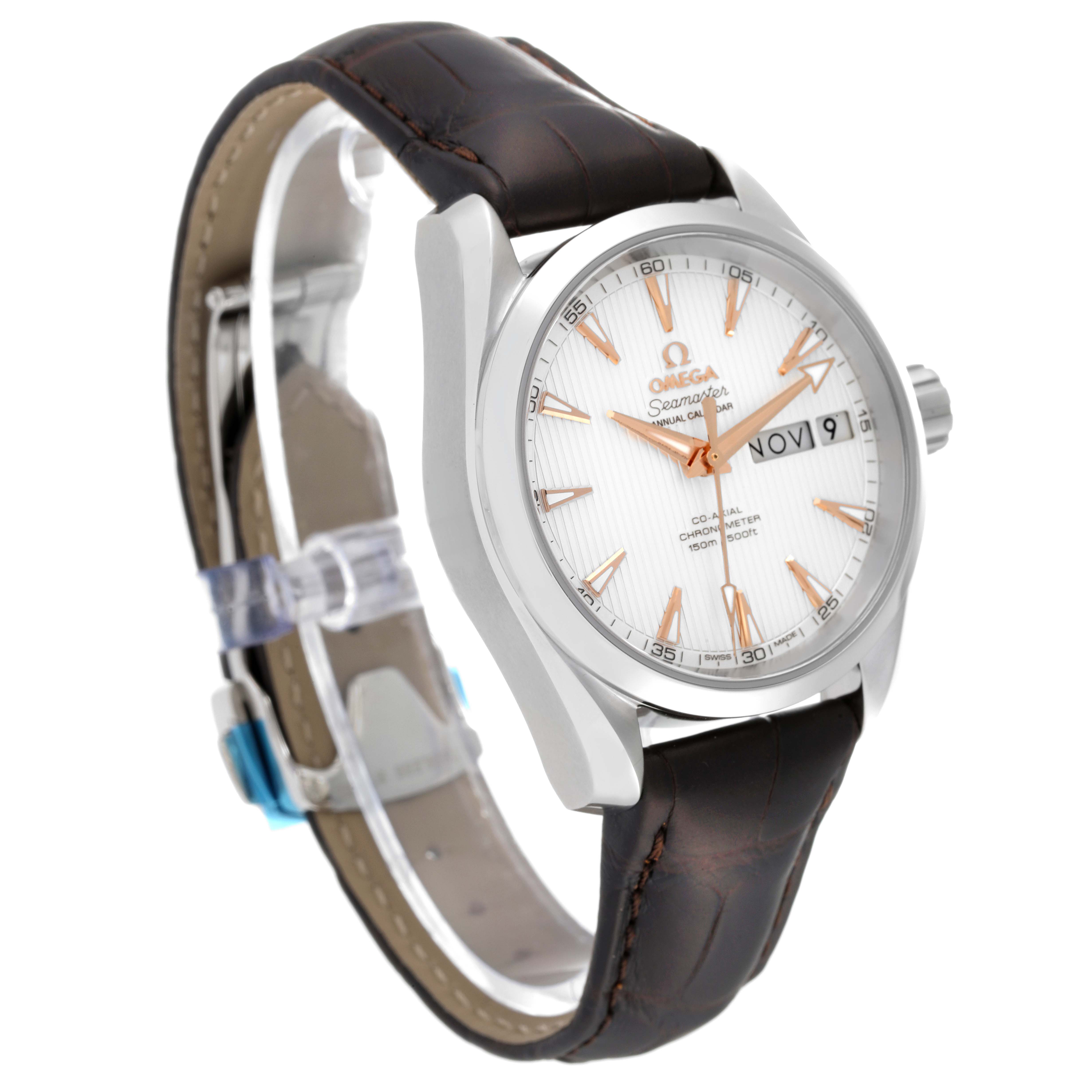 The image shows an Omega Aqua Terra 231.13.39.22.02.001 Men's Stainless Steel Silver Dial 231.13.39.22.02.001 Men's Stainless Steel Silver Dial watch from a front-left angle, highlighting the dial, case, bezel, and strap.