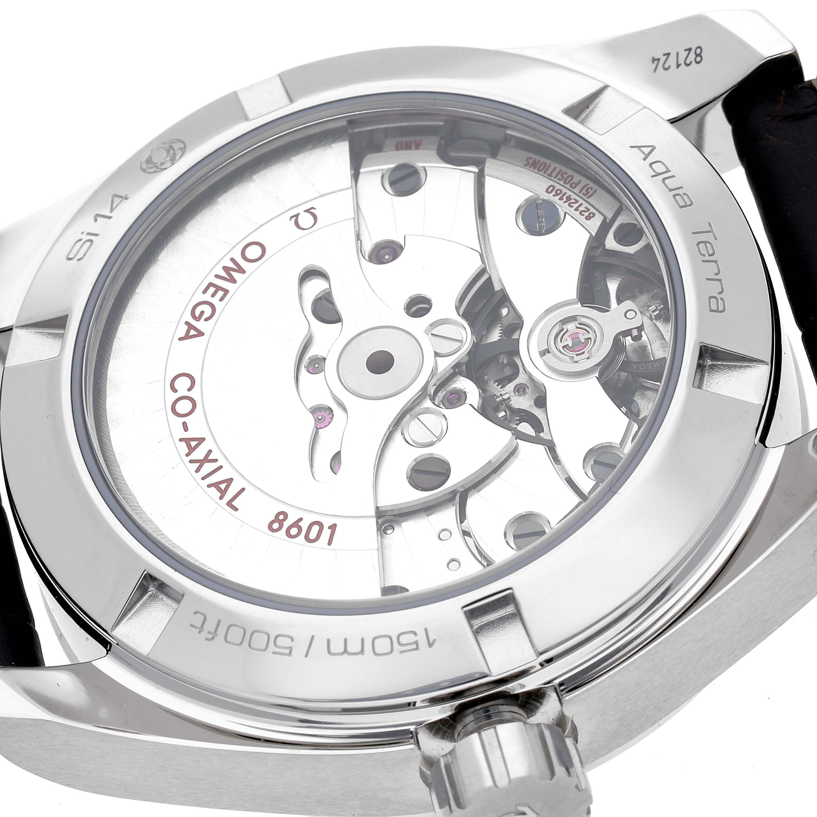 The photo shows the back of the Omega Aqua Terra 231.13.39.22.02.001 Men's Stainless Steel Silver Dial 231.13.39.22.02.001 Men's Stainless Steel Silver Dial watch, highlighting the movement and internal mechanics.