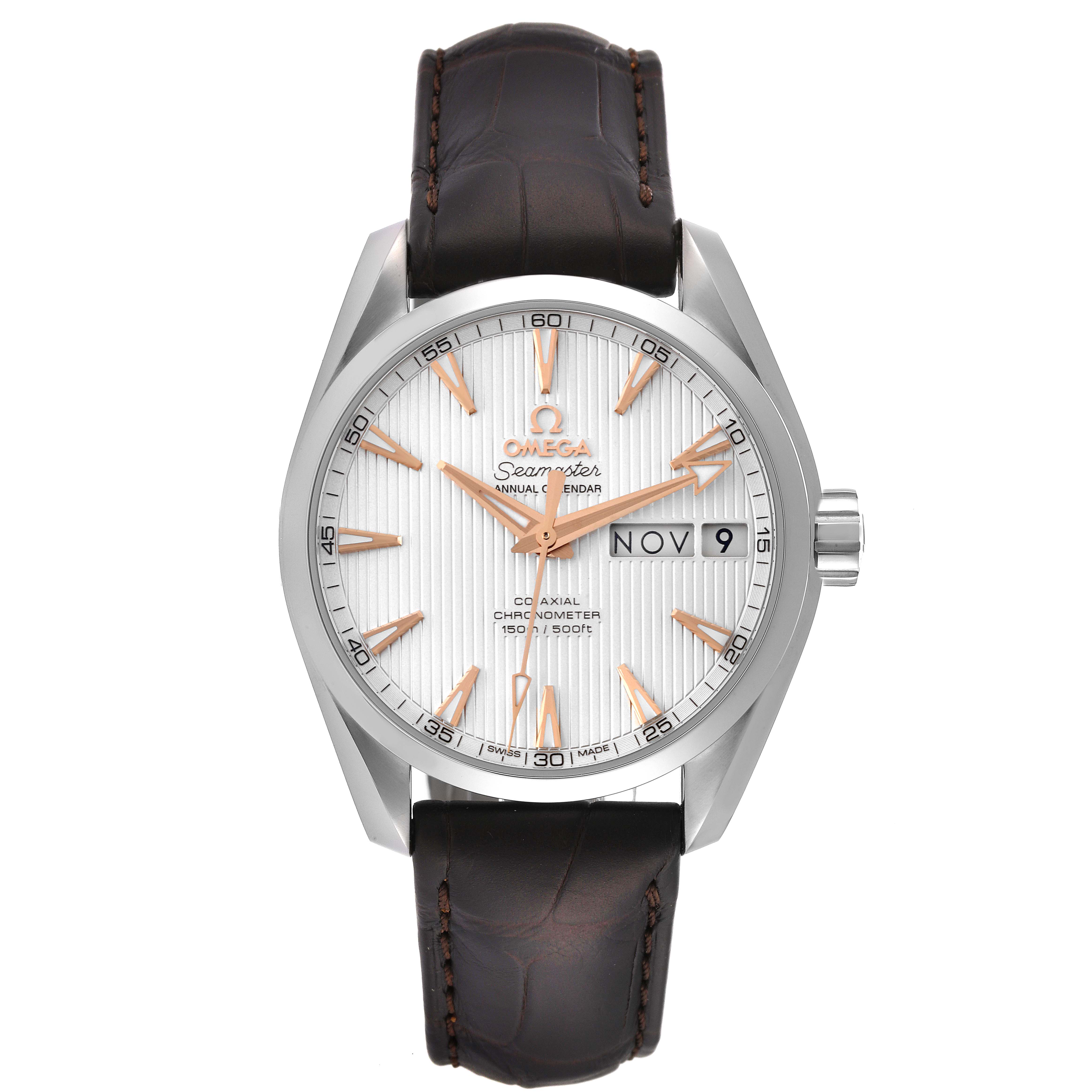 This is a front view of the Omega Aqua Terra 231.13.39.22.02.001 Men's Stainless Steel Silver Dial 231.13.39.22.02.001 Men's Stainless Steel Silver Dial watch, showing the face, hands, crown, and leather strap.