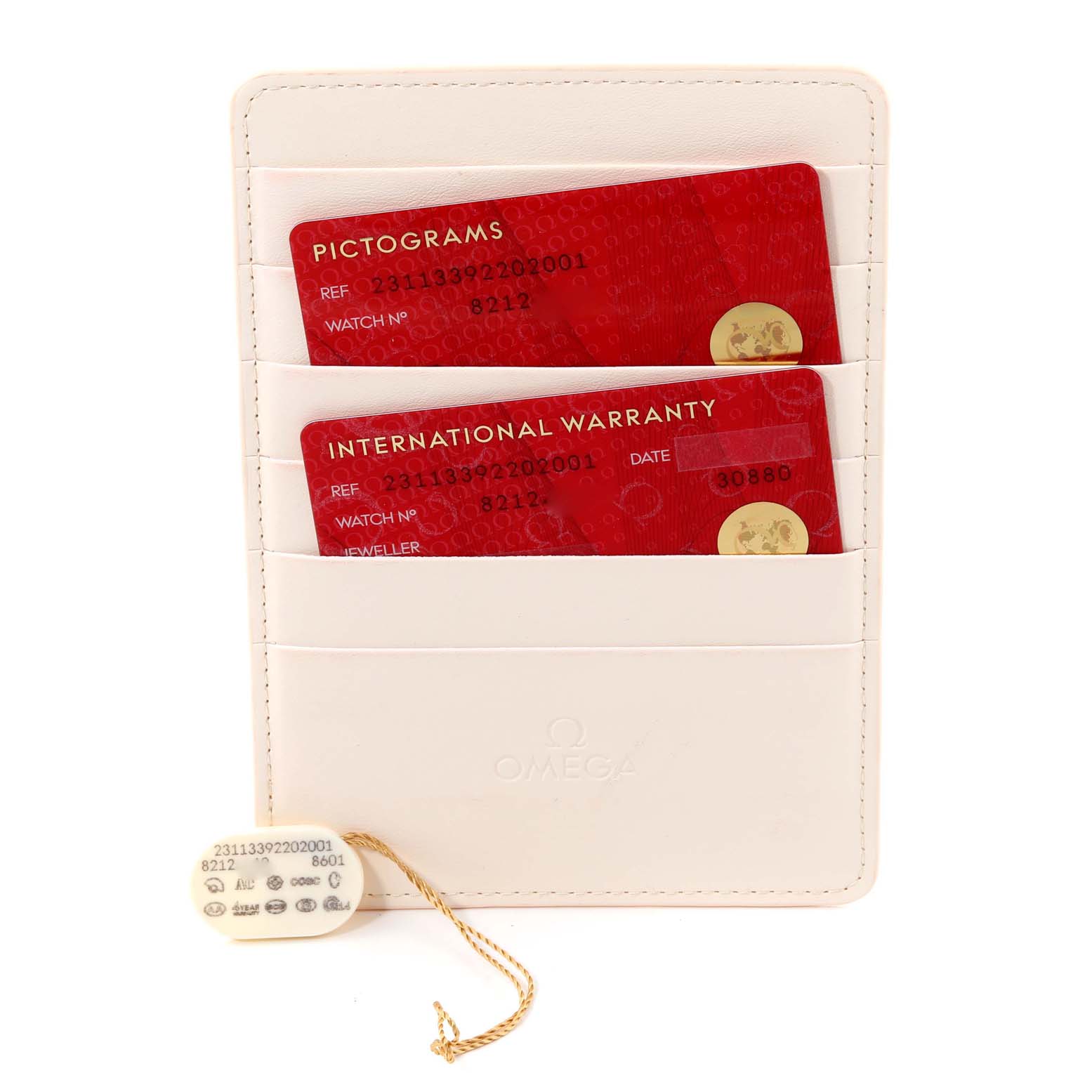 The image shows the warranty cards and pictograms card for the Omega Aqua Terra 231.13.39.22.02.001 Men's Stainless Steel Silver Dial 231.13.39.22.02.001 Men's Stainless Steel Silver Dial watch, along with a white cardholder.