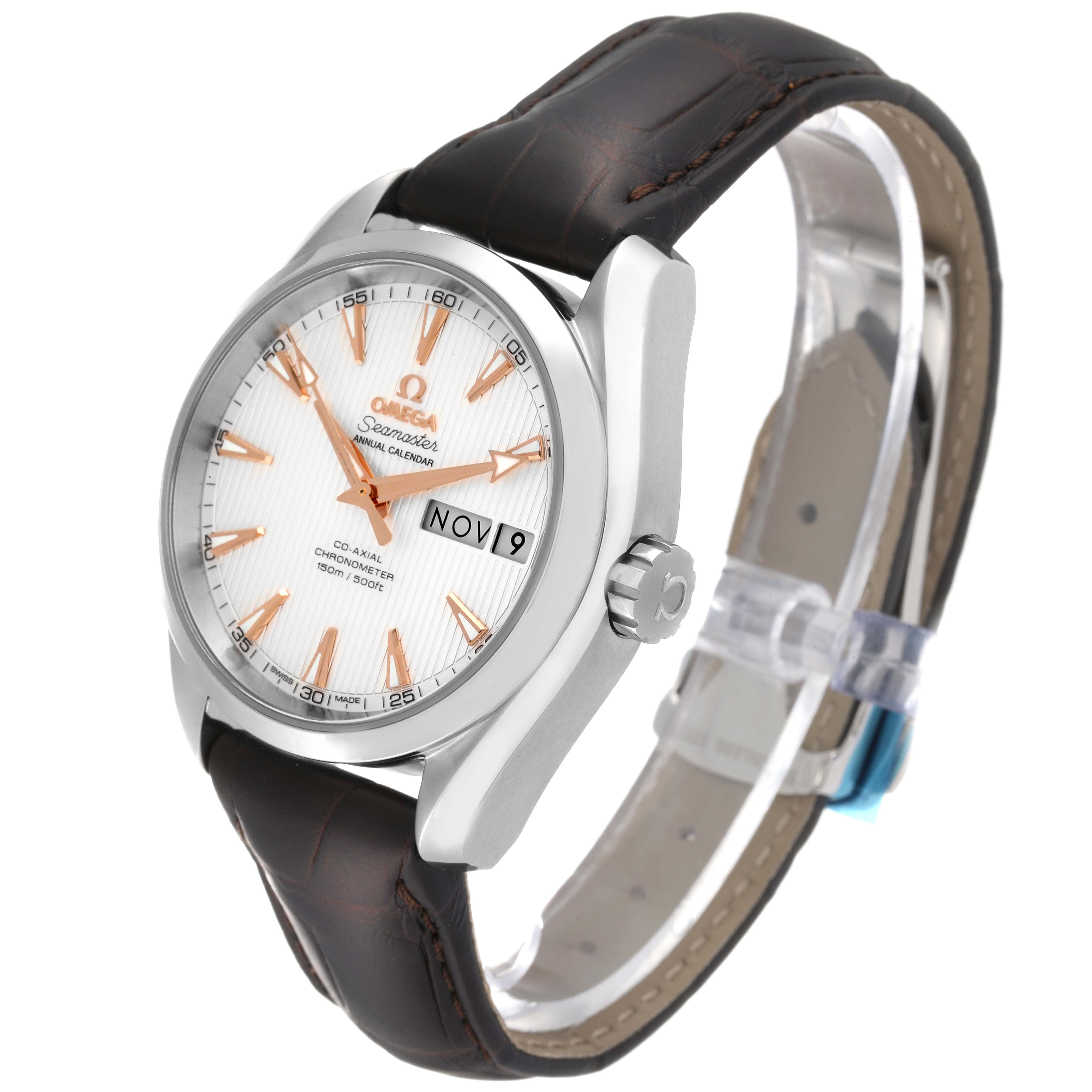 The Omega Aqua Terra 231.13.39.22.02.001 Men's Stainless Steel Silver Dial 231.13.39.22.02.001 Men's Stainless Steel Silver Dial watch is shown at a side angle displaying its face, case, crown, and leather strap.