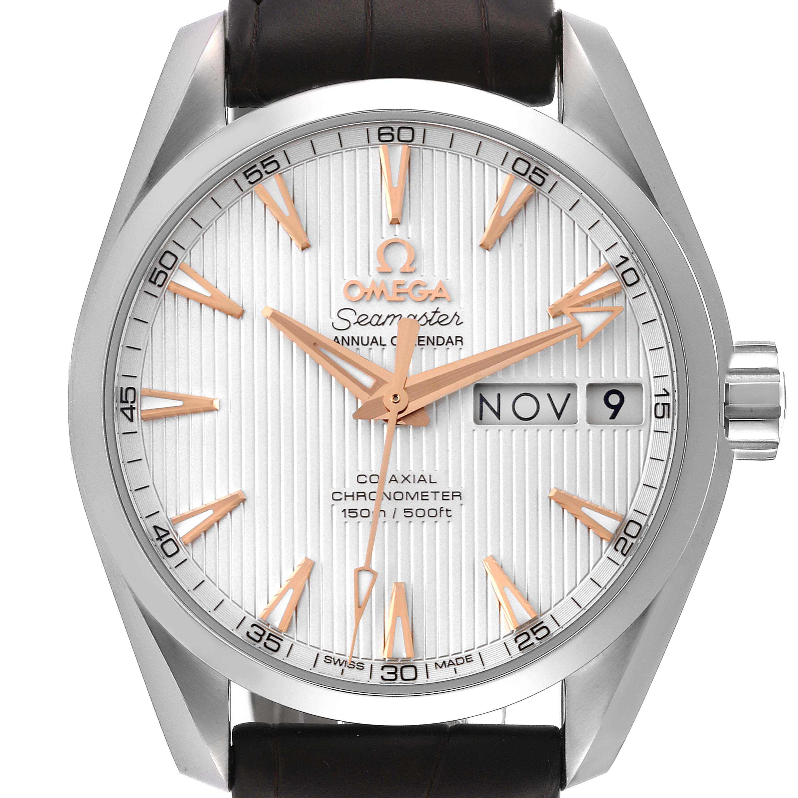 This image shows the front view of the Omega Aqua Terra 231.13.39.22.02.001 Men's Stainless Steel Silver Dial 231.13.39.22.02.001 Men's Stainless Steel Silver Dial watch, highlighting the dial, hands, date display, and markers.