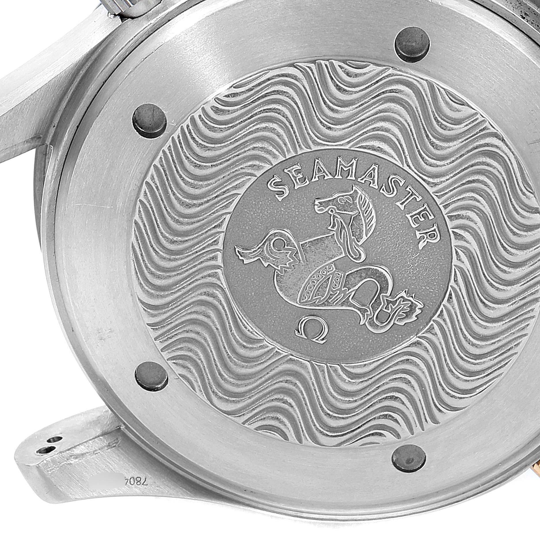 The image shows the case back of an Omega Seamaster 2294.50.00 Men's Titanium Black Dial 2294.50.00 Men's Titanium Black Dial watch, featuring wave patterns and the Seamaster emblem.