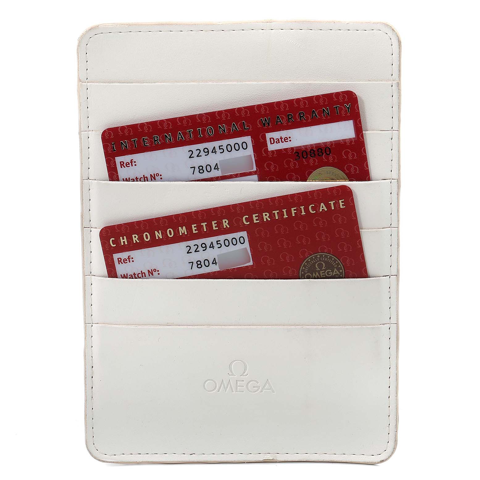 The image shows a white Omega cardholder containing the Chronometer Certificate and International Warranty cards for the Omega Seamaster 2294.50.00 Men's Titanium Black Dial 2294.50.00 Men's Titanium Black Dial model.