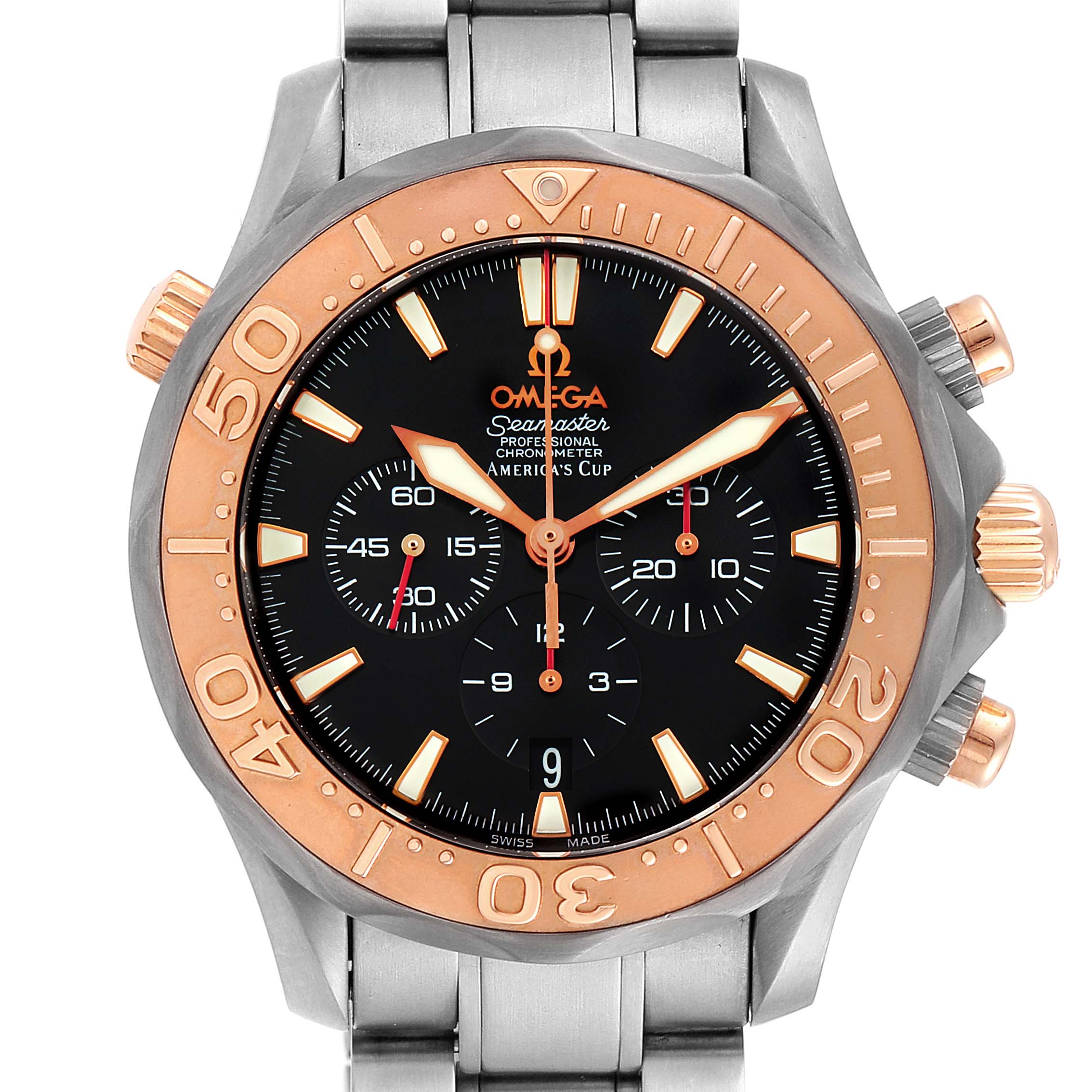 This Omega Seamaster 2294.50.00 Men's Titanium Black Dial 2294.50.00 Men's Titanium Black Dial watch shows a frontal view with a visible black dial, rose gold bezel, and stainless steel bracelet.