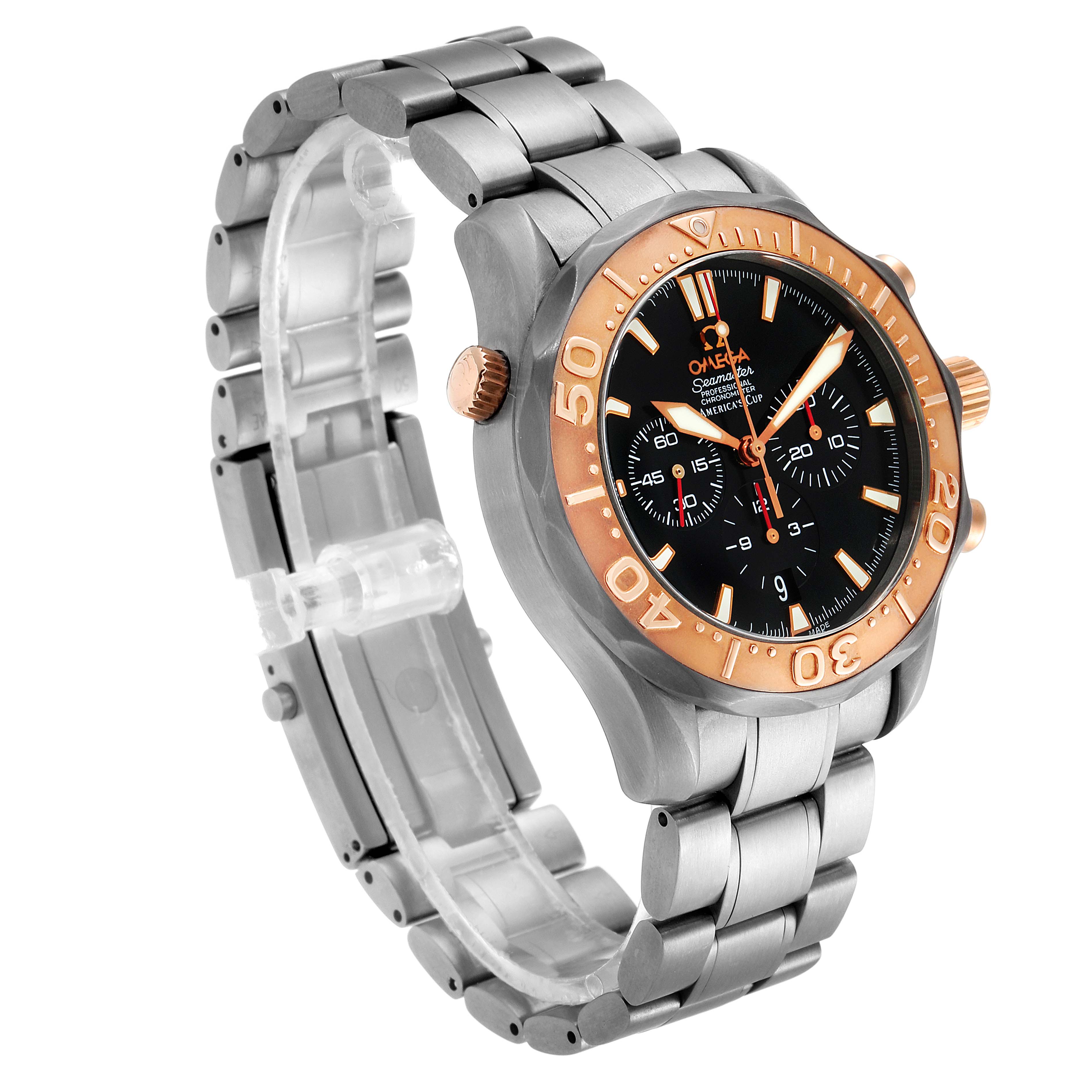 This image shows an angled view of the Omega Seamaster 2294.50.00 Men's Titanium Black Dial 2294.50.00 Men's Titanium Black Dial watch, highlighting the face, bezel, bracelet, and crown.