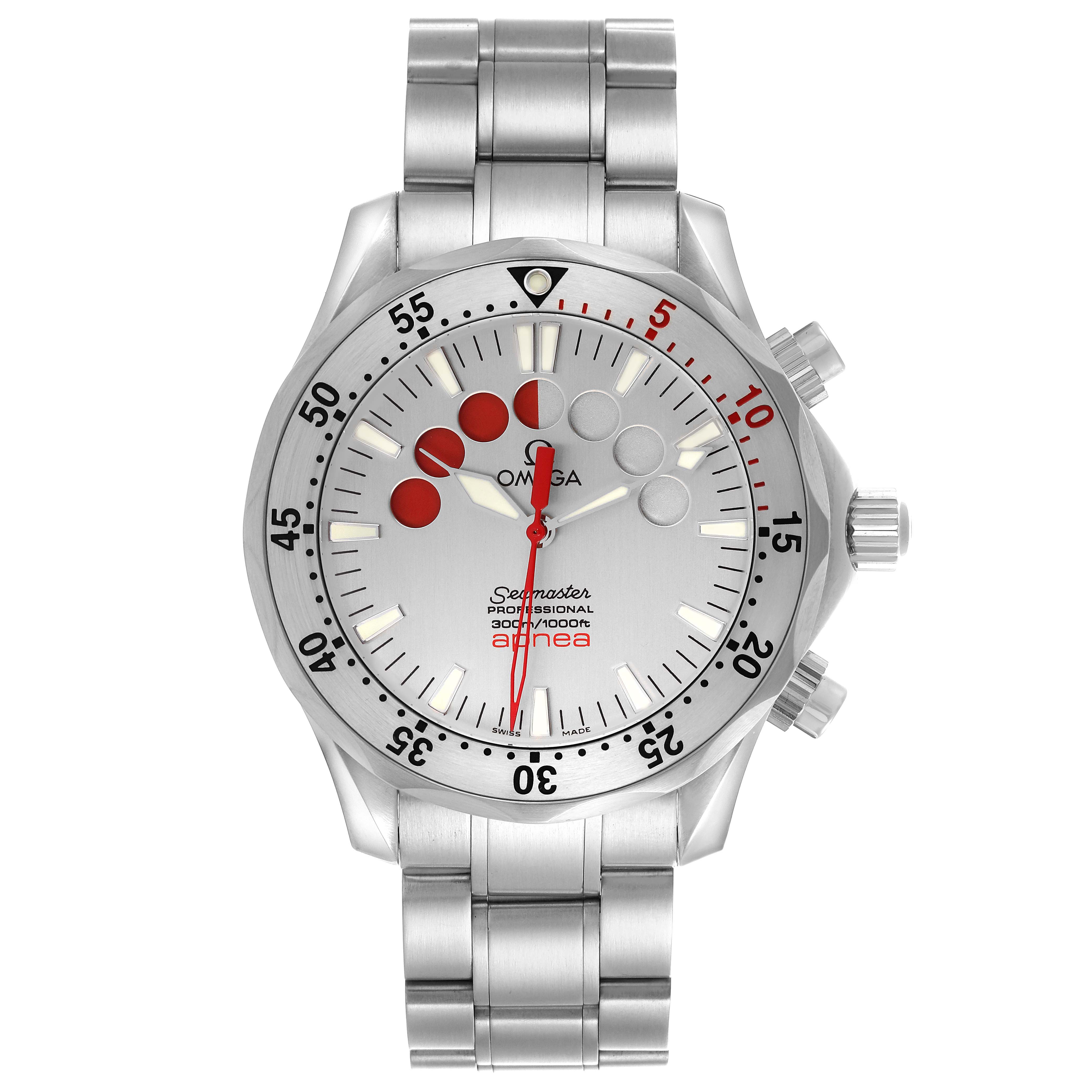 The Omega Seamaster 2595.30.00 Men's Stainless Steel Silver Dial 2595.30.00 Men's Stainless Steel Silver Dial watch is shown from a front angle, highlighting the dial, bezel, and stainless steel bracelet.