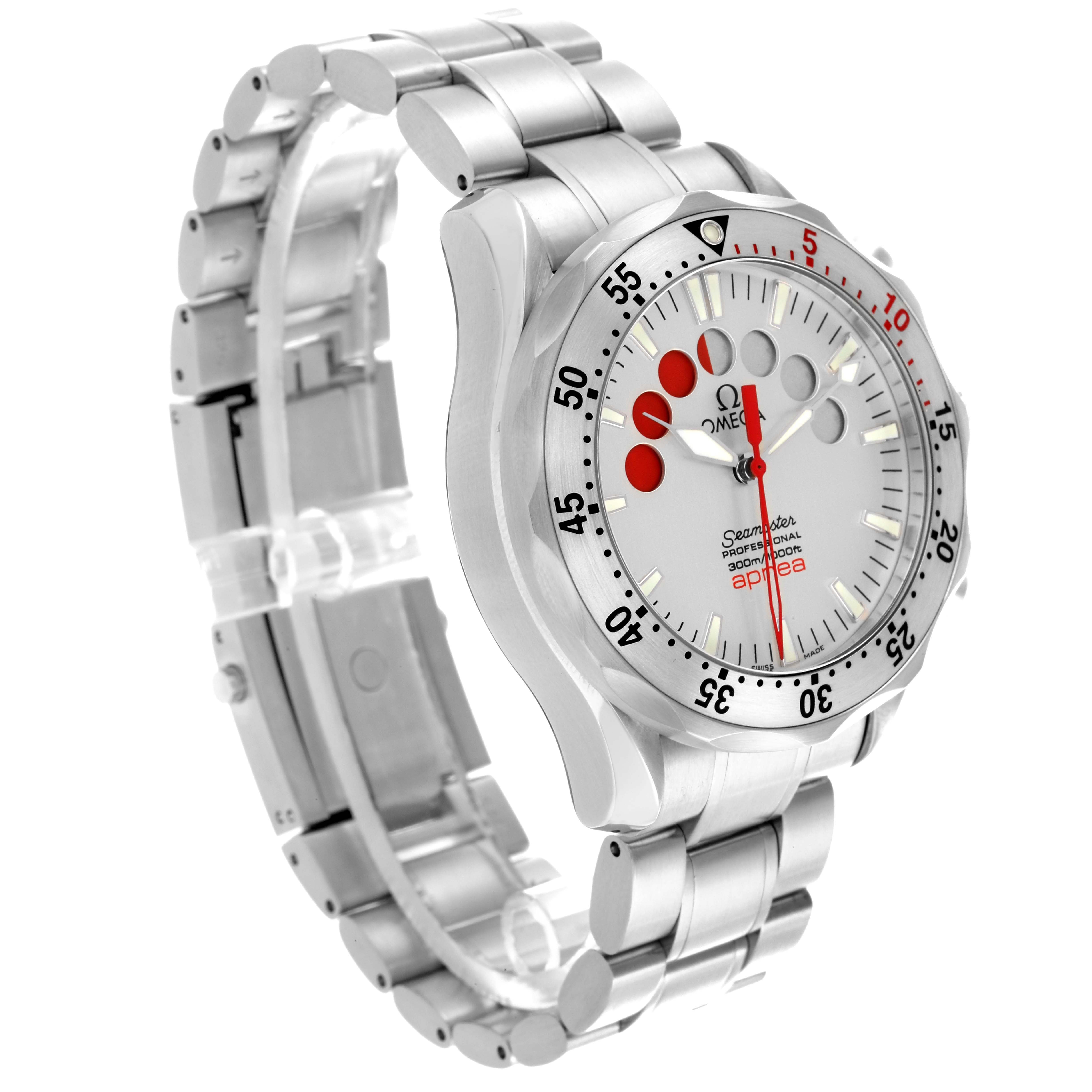 The image shows a side angle of an Omega Seamaster 2595.30.00 Men's Stainless Steel Silver Dial 2595.30.00 Men's Stainless Steel Silver Dial watch, highlighting the bracelet and part of the watch face.