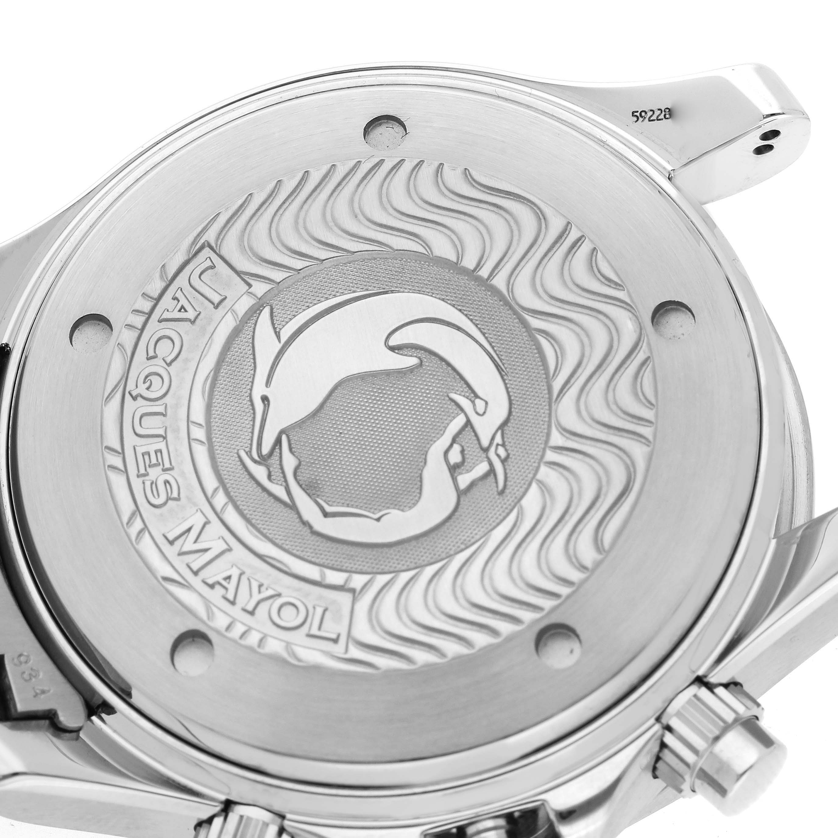 The image shows the back case of an Omega Seamaster 2595.30.00 Men's Stainless Steel Silver Dial 2595.30.00 Men's Stainless Steel Silver Dial watch, featuring engraved details and part of the watch's side.