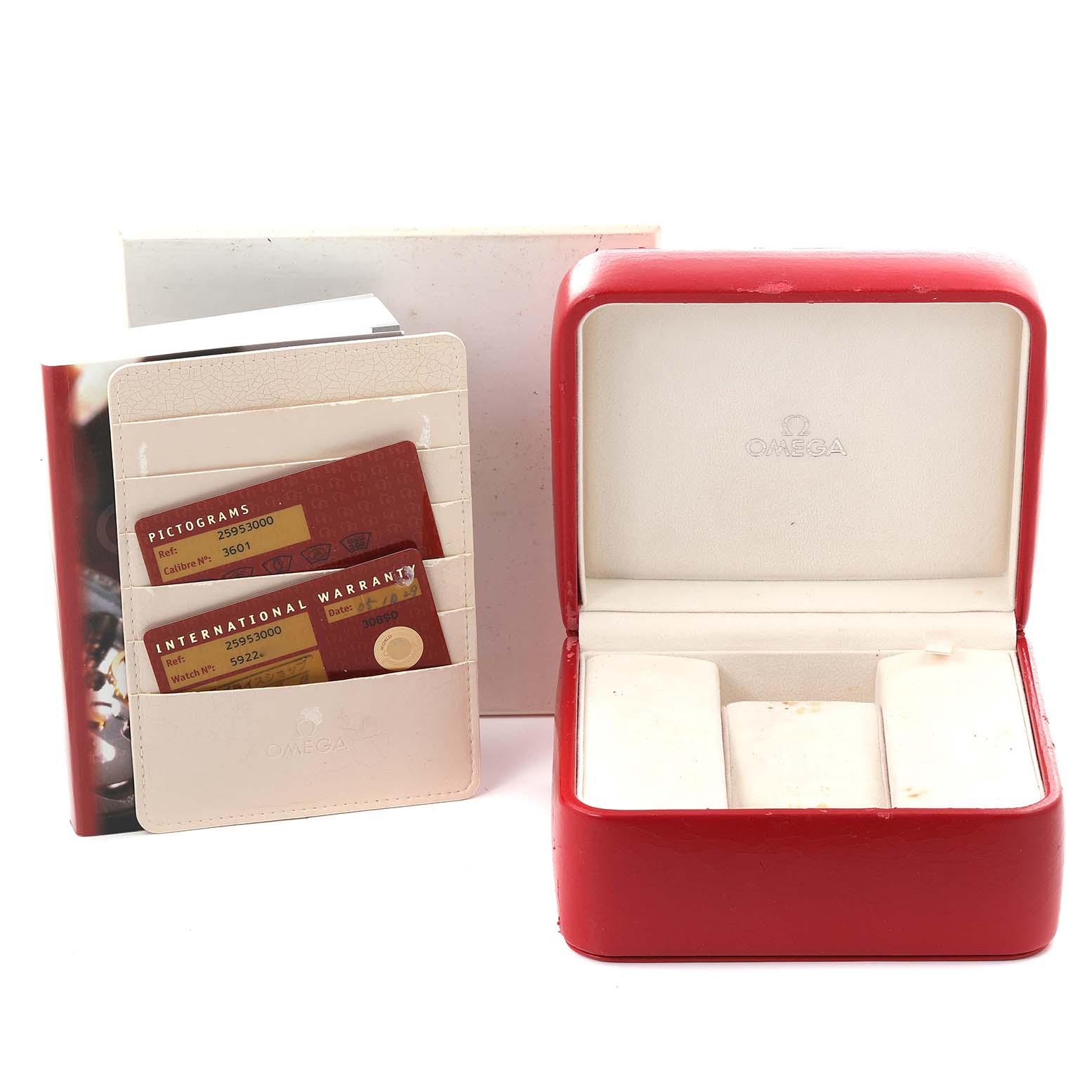 The image shows an Omega Seamaster 2595.30.00 Men's Stainless Steel Silver Dial 2595.30.00 Men's Stainless Steel Silver Dial watch box, a warranty card, pictograms, and a booklet.