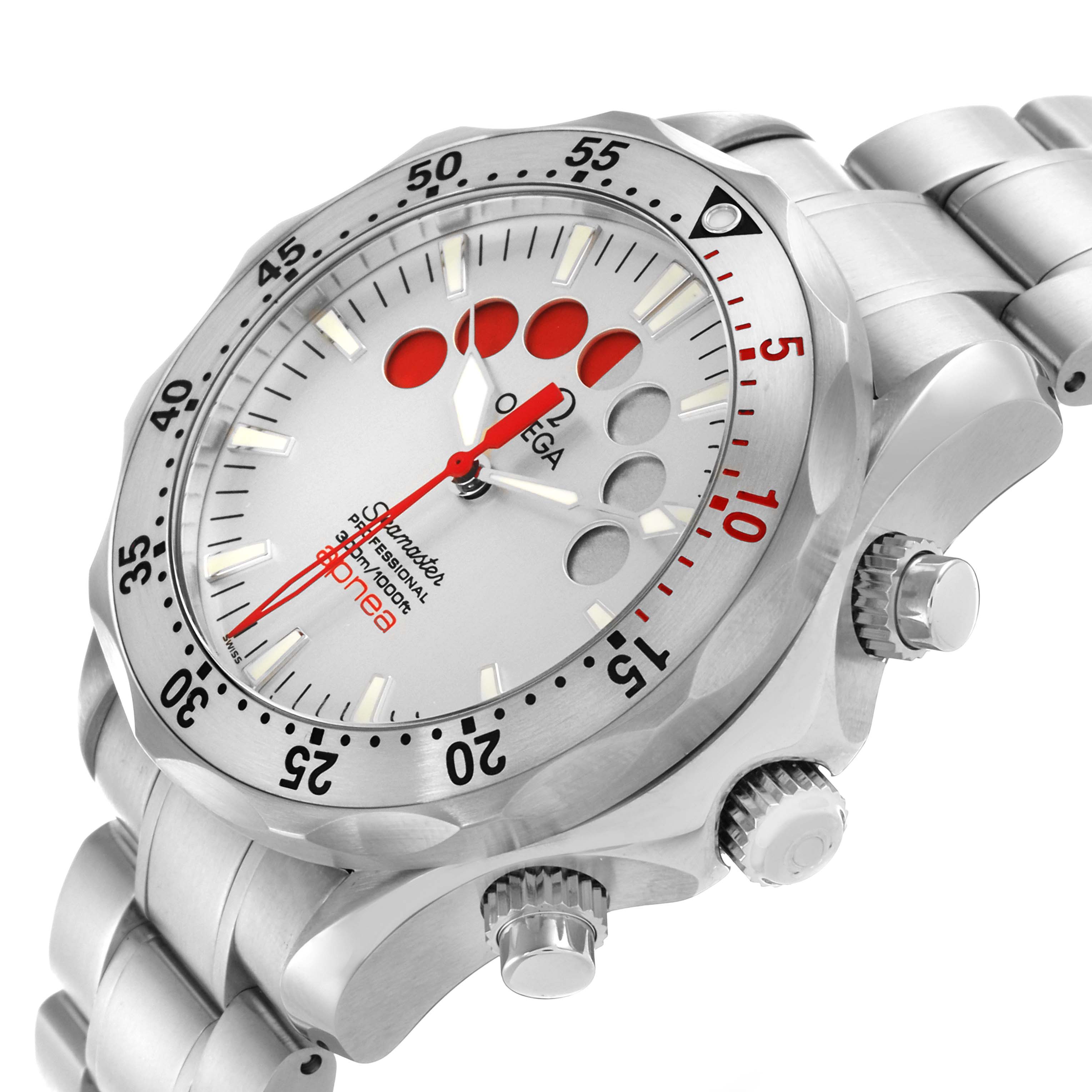 The Omega Seamaster 2595.30.00 Men's Stainless Steel Silver Dial 2595.30.00 Men's Stainless Steel Silver Dial watch is shown at an angle highlighting the face, bezel, crown, and part of the bracelet.