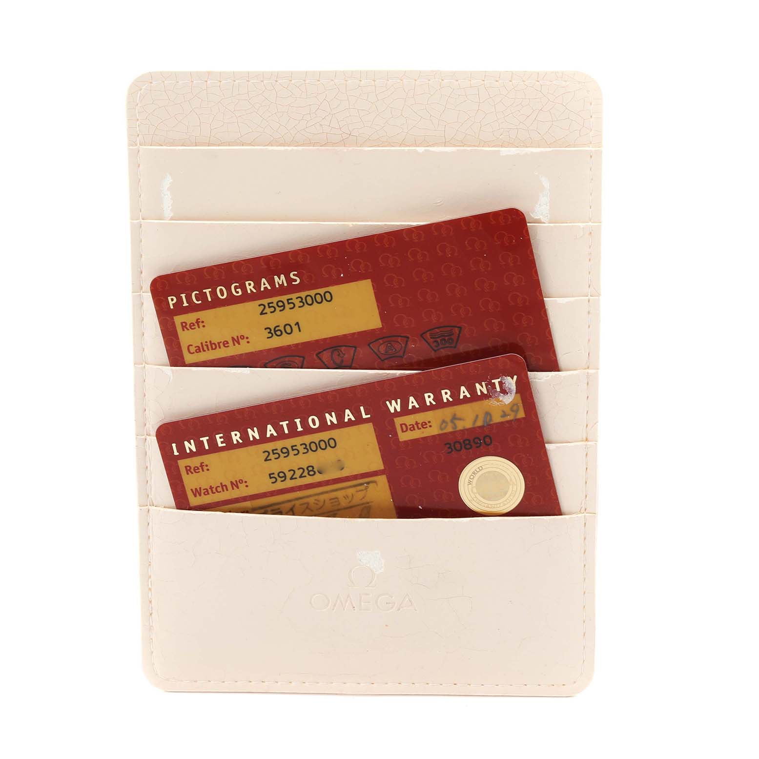 The image shows an Omega Seamaster 2595.30.00 Men's Stainless Steel Silver Dial 2595.30.00 Men's Stainless Steel Silver Dial's warranty and pictogram cards in a white cardholder, viewed from the front.