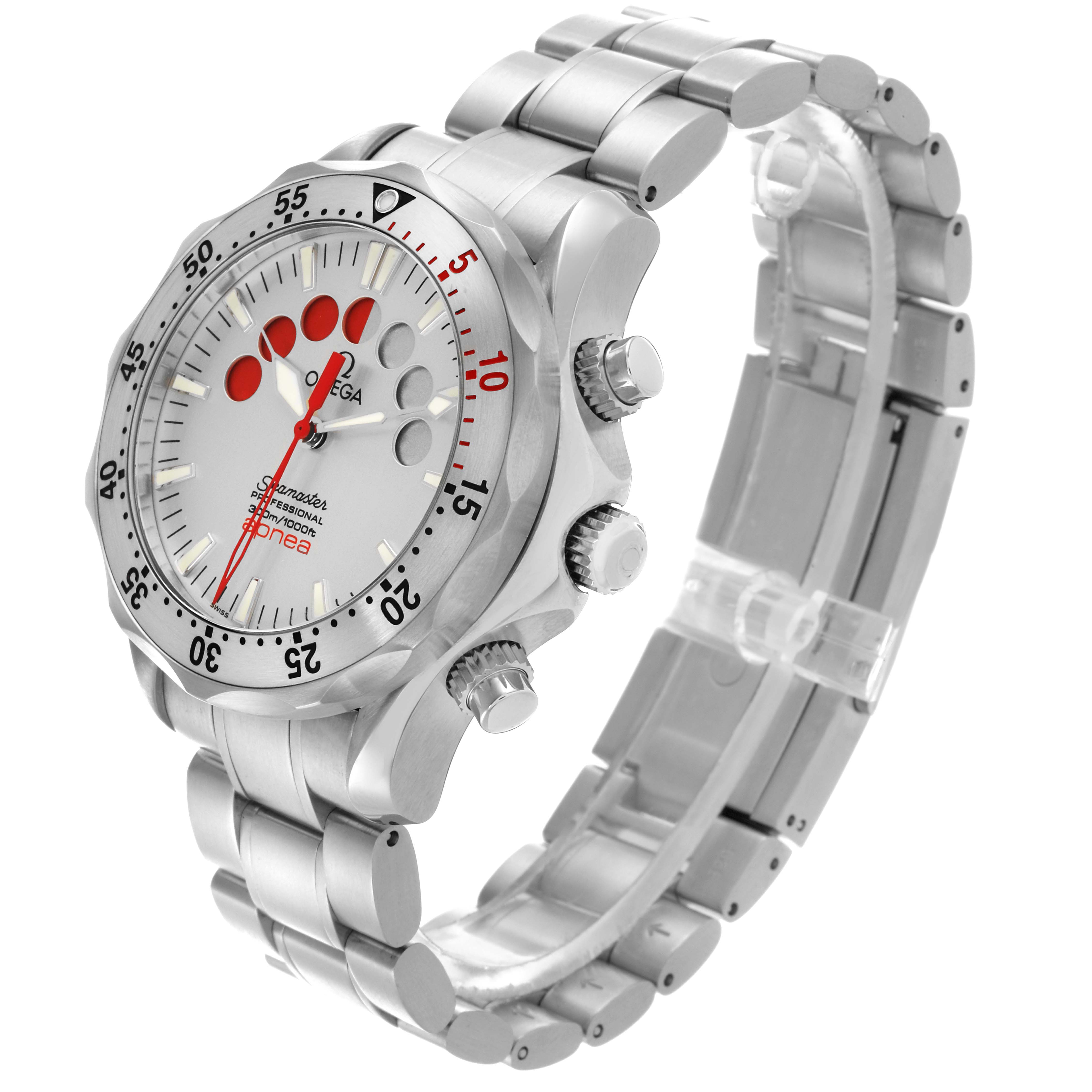 The Omega Seamaster 2595.30.00 Men's Stainless Steel Silver Dial 2595.30.00 Men's Stainless Steel Silver Dial watch is shown at an angled side view, highlighting the dial, bezel, and bracelet.