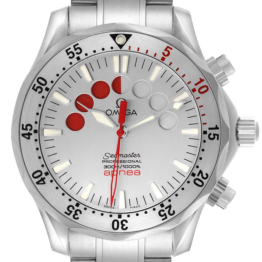 This Omega Seamaster watch is shown from the front, displaying the dial, bezel, and part of the bracelet.