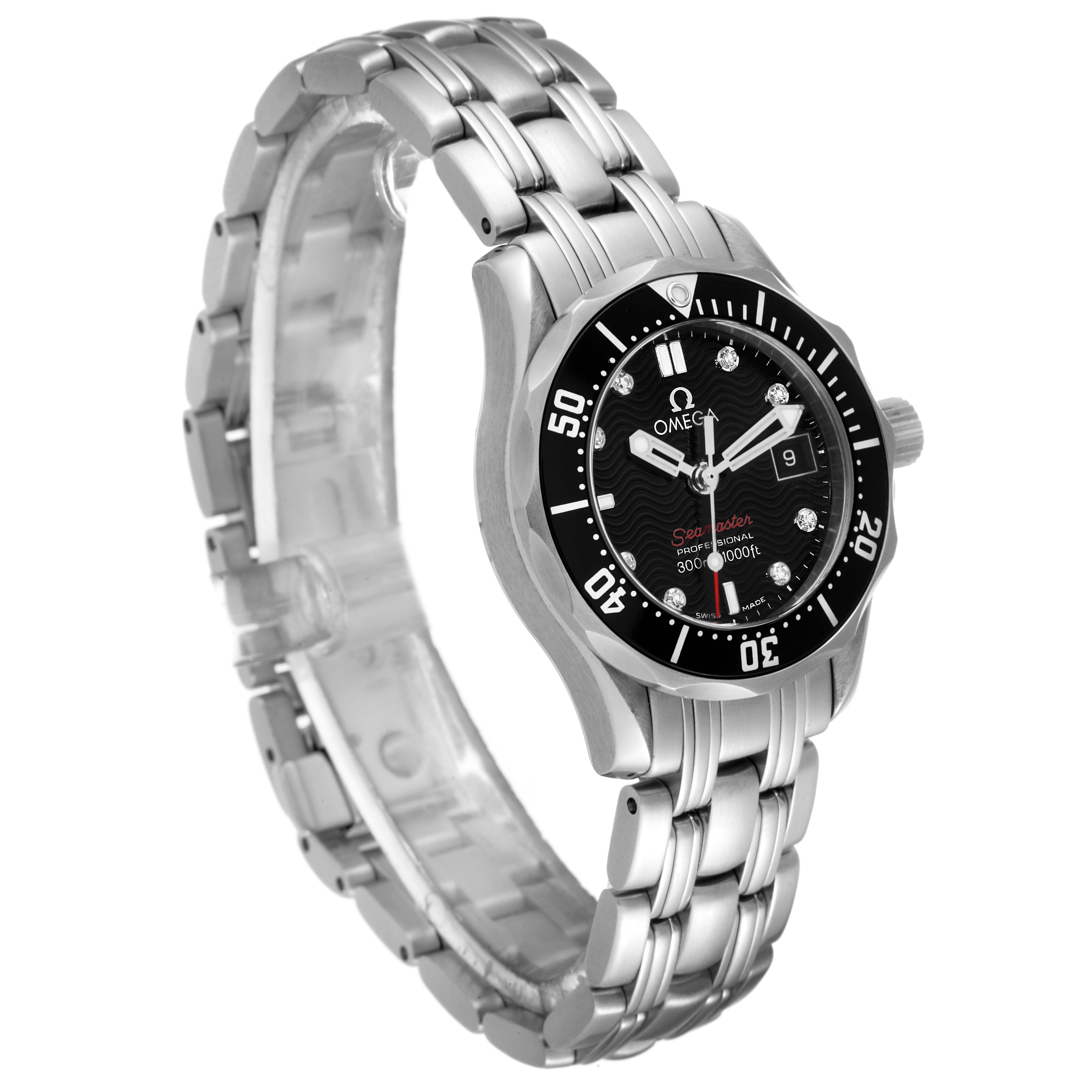 The image shows an angled view of the Omega 212.30.28.61.51.001 Women's Stainless Steel Black Dial 212.30.28.61.51.001 Women's Stainless Steel Black Dial Seamaster Black Diamond Dial Steel Ladies Watch 212.30.28.61.51.001, highlighting the dial and bracelet.