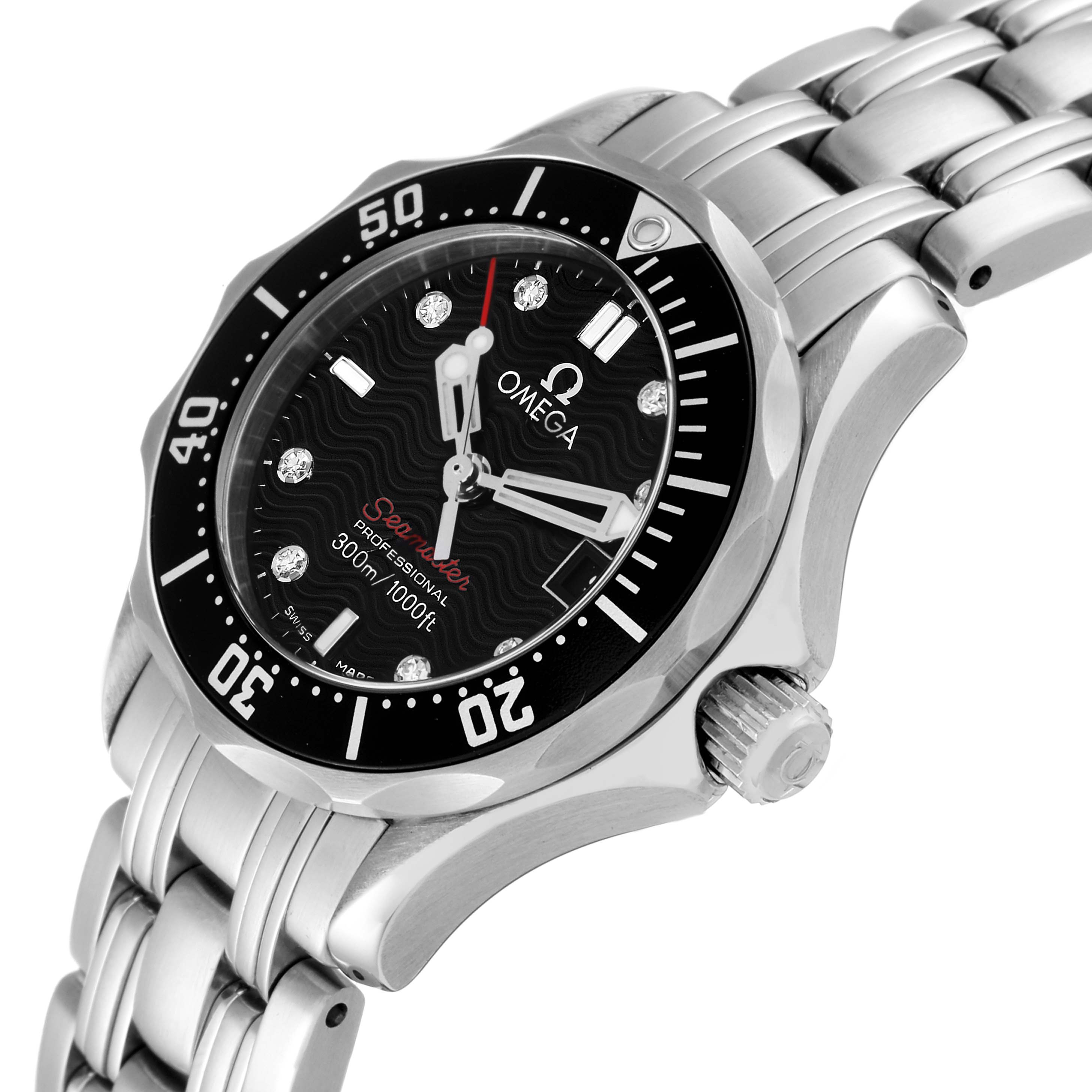 The image shows an angled view of an Omega 212.30.28.61.51.001 Women's Stainless Steel Black Dial 212.30.28.61.51.001 Women's Stainless Steel Black Dial Seamaster Black Diamond Dial Steel Ladies Watch 212.30.28.61.51.001, focusing on the dial and bracelet.