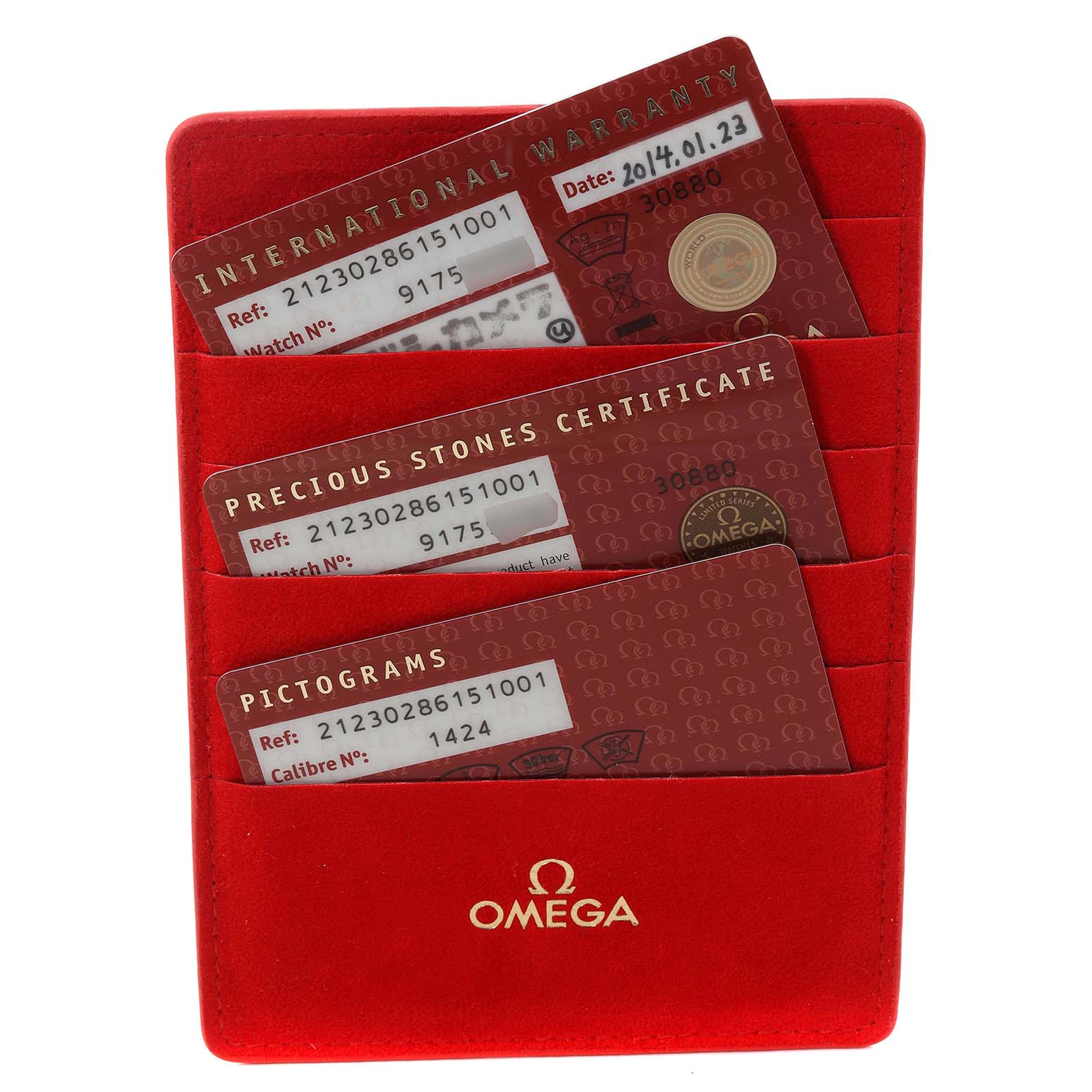 The image shows a red card holder holding three cards: the International Warranty, Precious Stones Certificate, and Pictograms for the Omega 212.30.28.61.51.001 Women's Stainless Steel Black Dial 212.30.28.61.51.001 Women's Stainless Steel Black Dial Seamaster Black Diamond Dial Steel Ladies Watch 212.30.28.61.51.001.