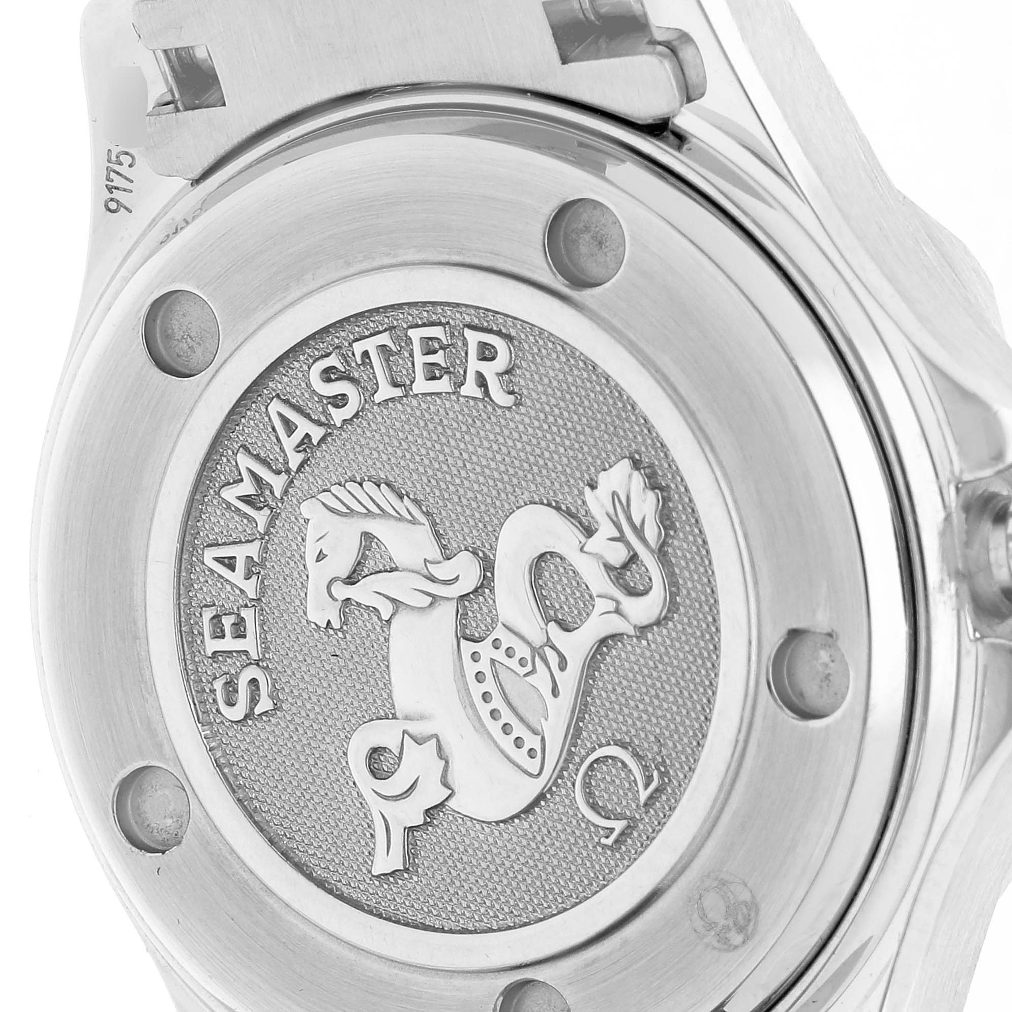 The image shows the back of the Omega 212.30.28.61.51.001 Women's Stainless Steel Black Dial 212.30.28.61.51.001 Women's Stainless Steel Black Dial Seamaster Black Diamond Dial Steel Ladies Watch 212.30.28.61.51.001, highlighting its engraved case back.