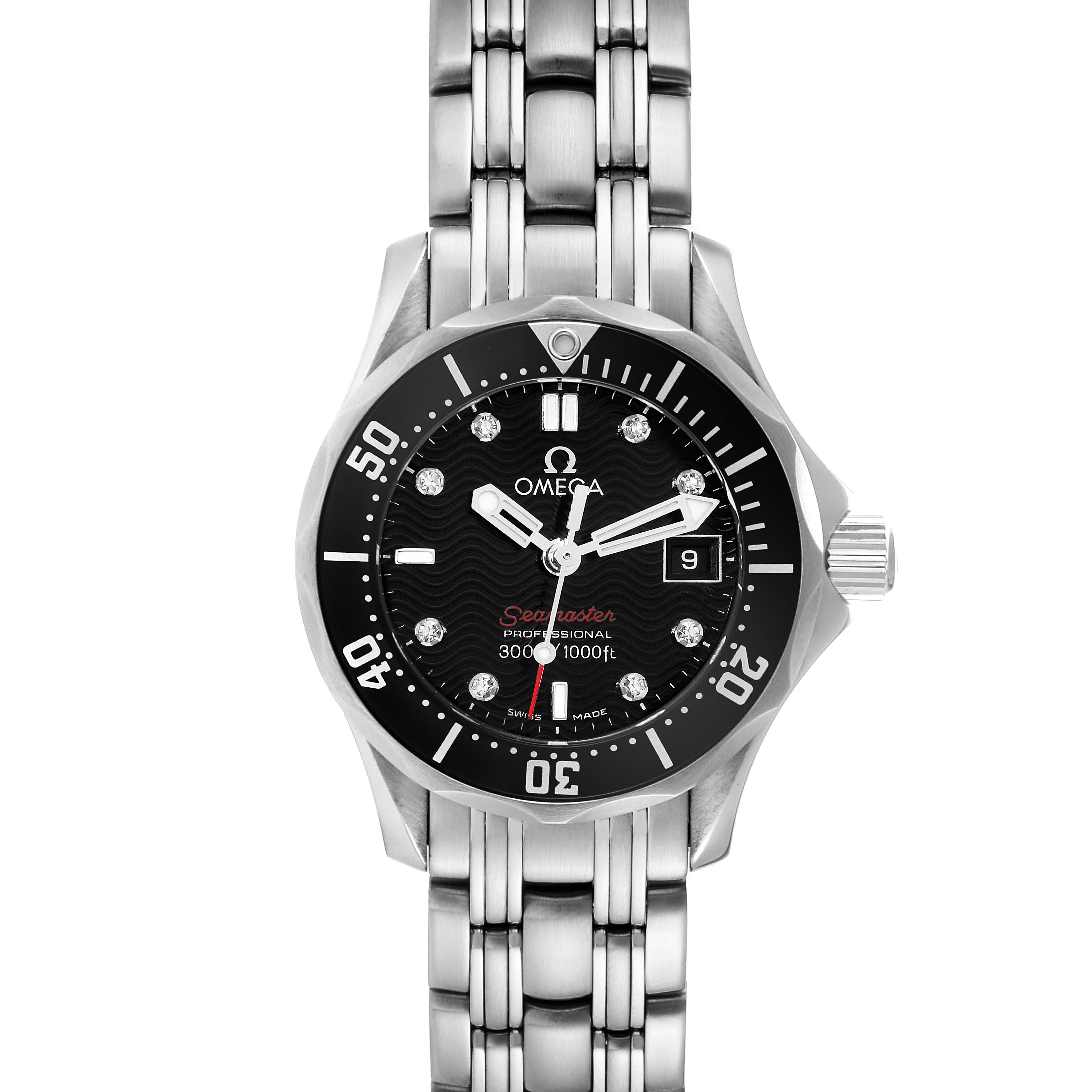 The image shows the front view of the Omega 212.30.28.61.51.001 Women's Stainless Steel Black Dial 212.30.28.61.51.001 Women's Stainless Steel Black Dial Seamaster Black Diamond Dial Steel Ladies Watch 212.30.28.61.51.001 model, displaying its dial, bezel, and bracelet.