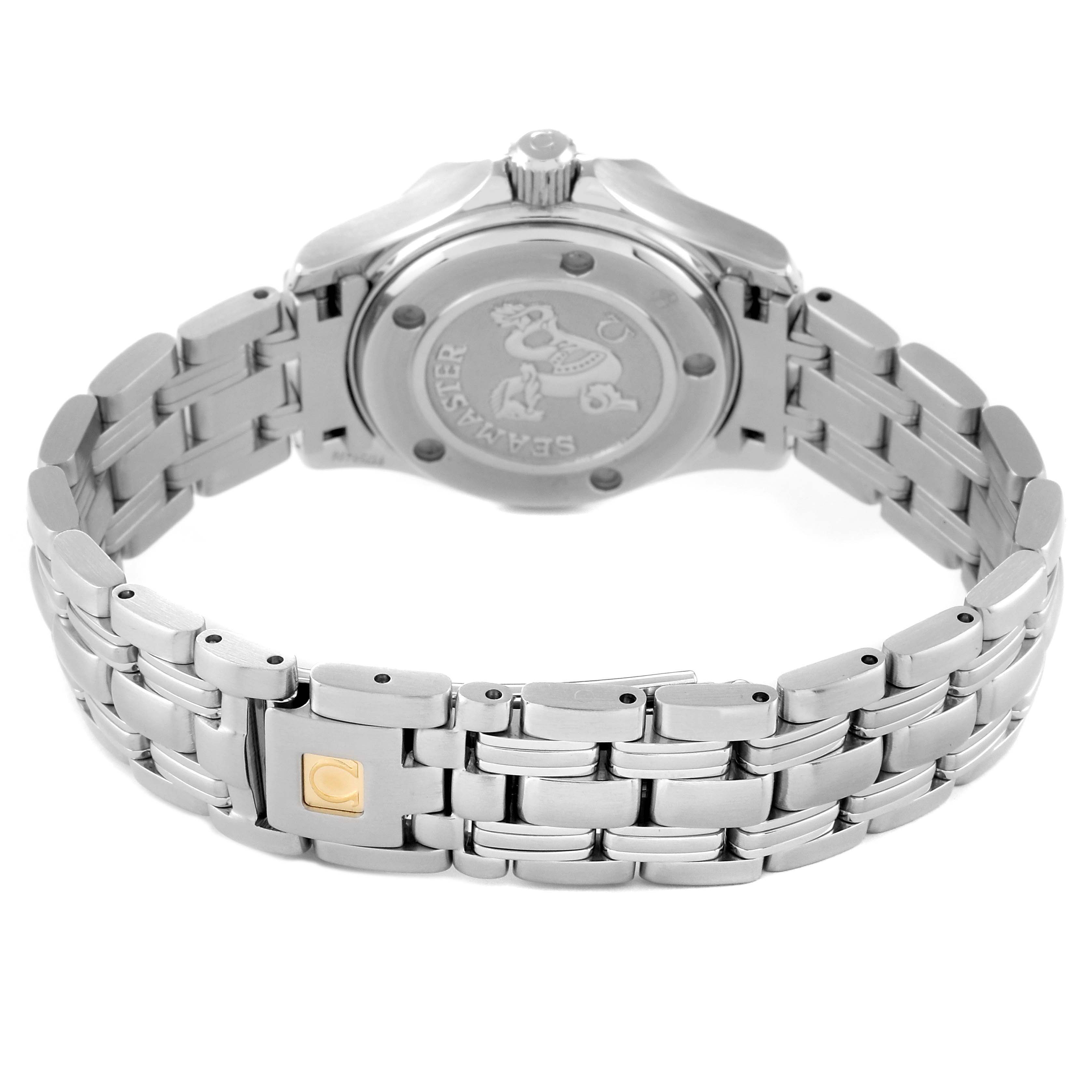 The image shows the back and stainless steel bracelet of the Omega 212.30.28.61.51.001 Women's Stainless Steel Black Dial 212.30.28.61.51.001 Women's Stainless Steel Black Dial Seamaster Black Diamond Dial Steel Ladies Watch 212.30.28.61.51.001 Card model.