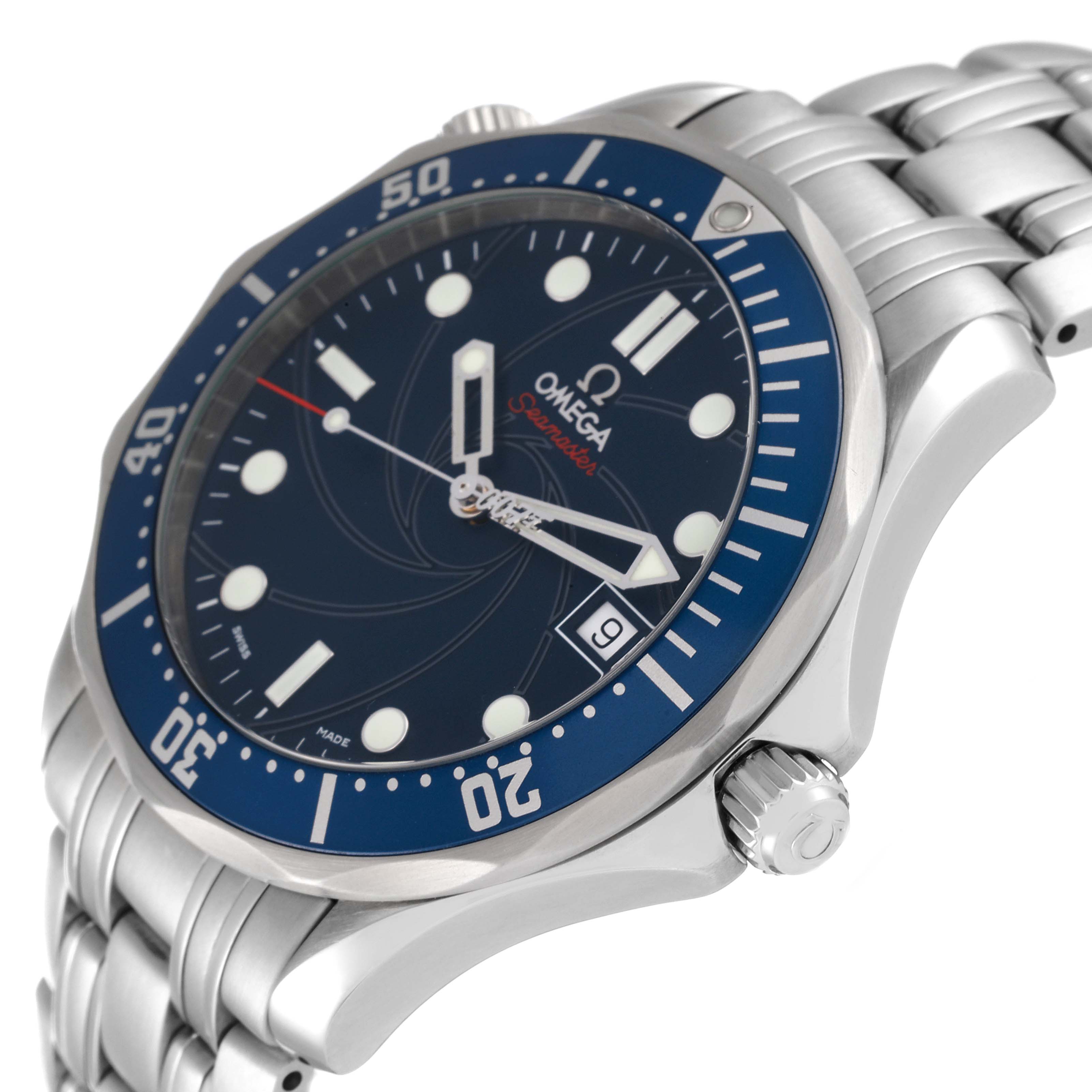 The image shows an angled close-up of the Omega Seamaster 2226.80.00 Men's Stainless Steel Blue Dial 2226.80.00 Men's Stainless Steel Blue Dial watch, highlighting the dial, bezel, crown, and part of the bracelet.
