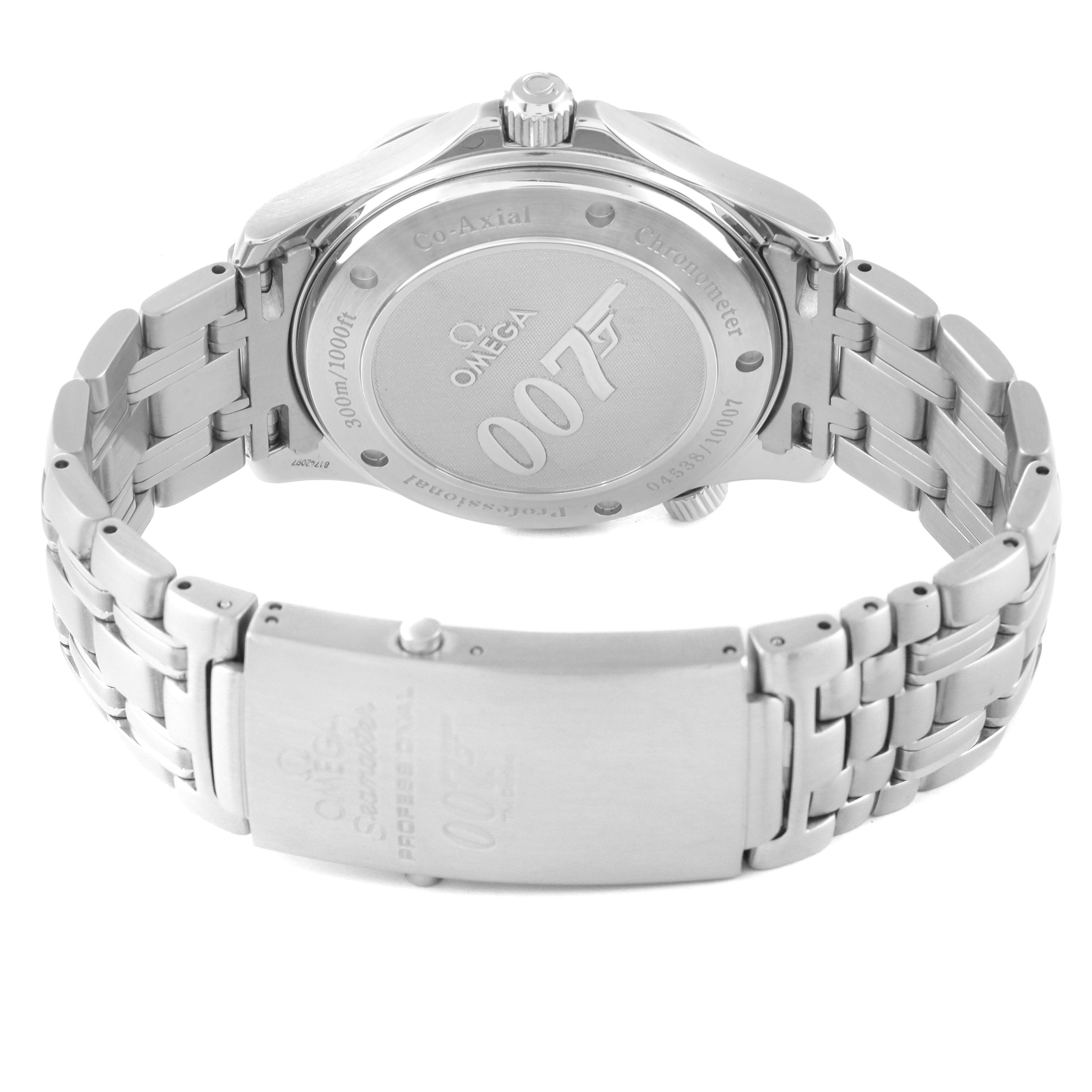 This image shows the back and clasp of an Omega Seamaster 2226.80.00 Men's Stainless Steel Blue Dial 2226.80.00 Men's Stainless Steel Blue Dial watch, featuring an engraved case back and a metal bracelet.