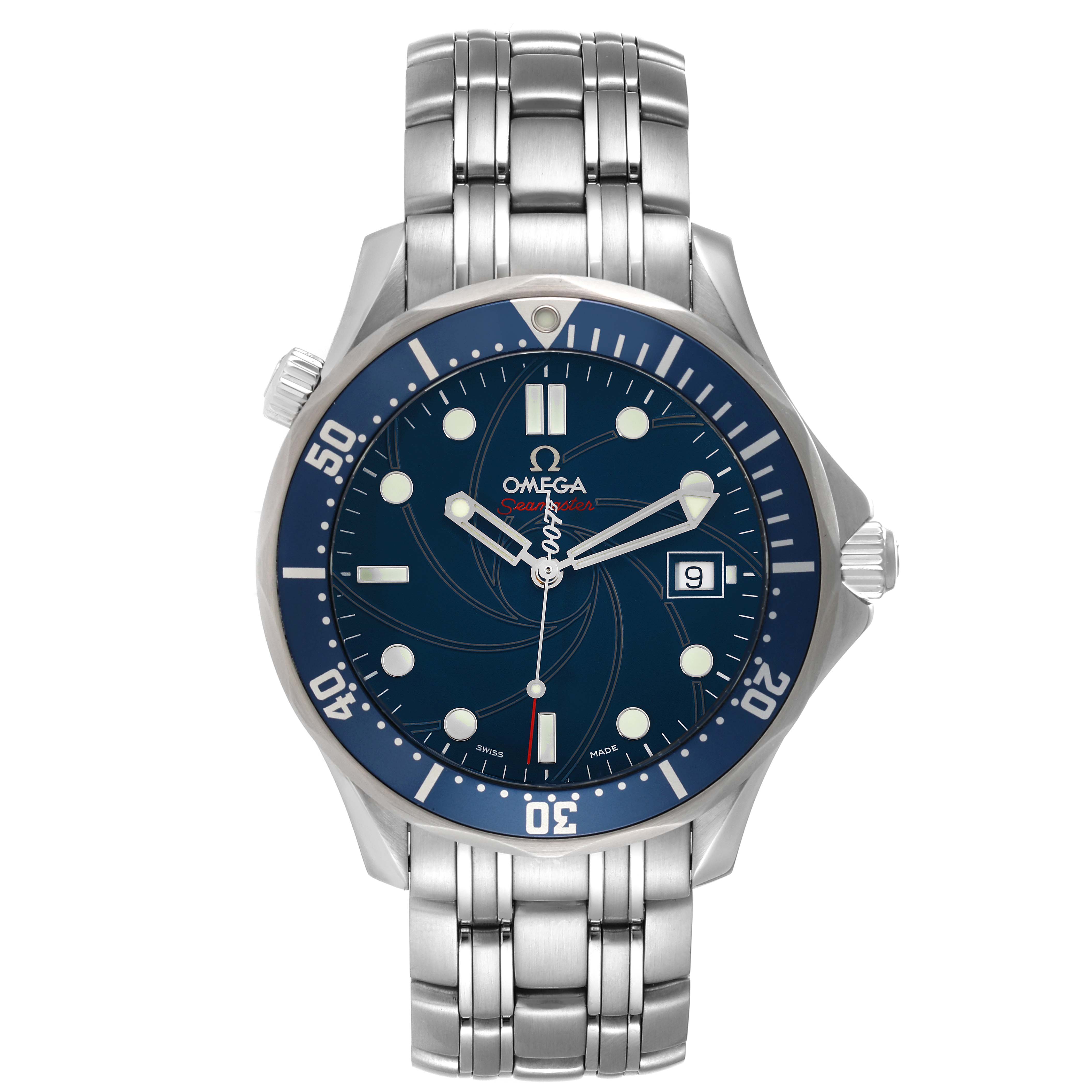 The Omega Seamaster 2226.80.00 Men's Stainless Steel Blue Dial 2226.80.00 Men's Stainless Steel Blue Dial watch is shown from the front, displaying the face, bezel, crown, and stainless steel bracelet.