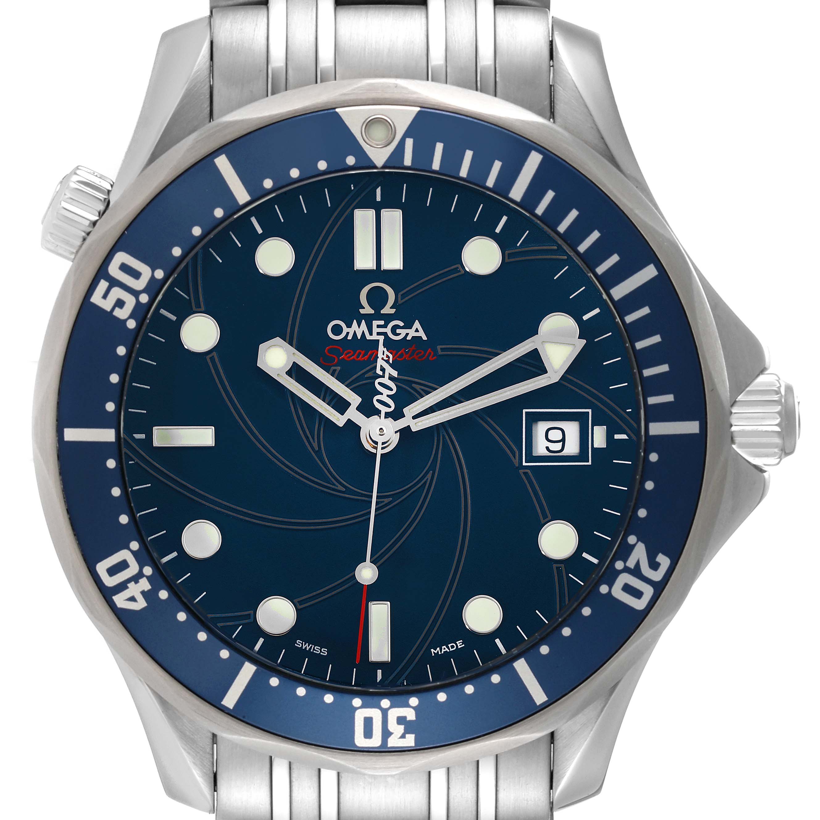 The Omega Seamaster 2226.80.00 Men's Stainless Steel Blue Dial 2226.80.00 Men's Stainless Steel Blue Dial watch is shown from a front angle, displaying its face, bezel, and part of the bracelet.