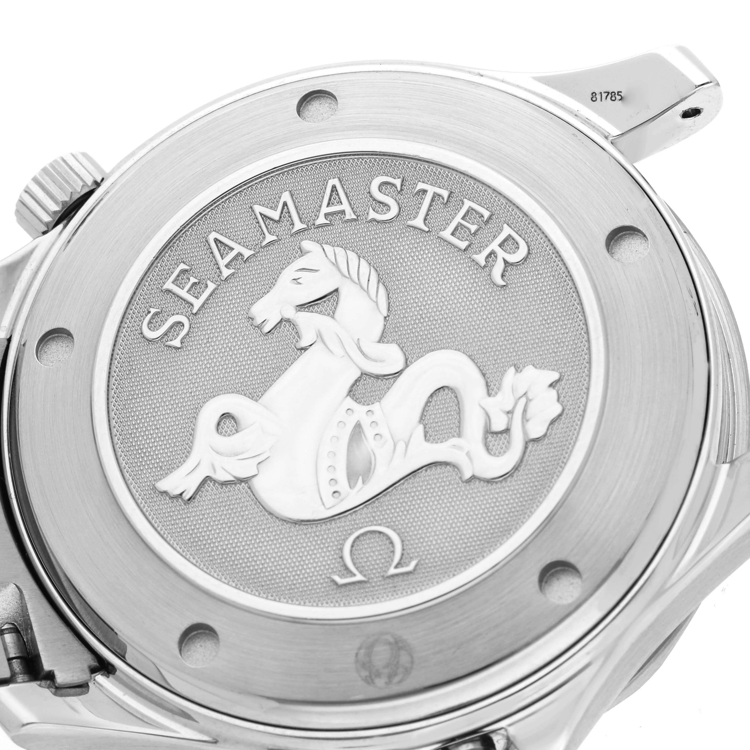 The image shows the back case of an Omega Seamaster 2220.80.00 Men
s Stainless Steel Blue Dial 2220.80.00 Men
s Stainless Steel Blue Dial watch, featuring the engraved logo.