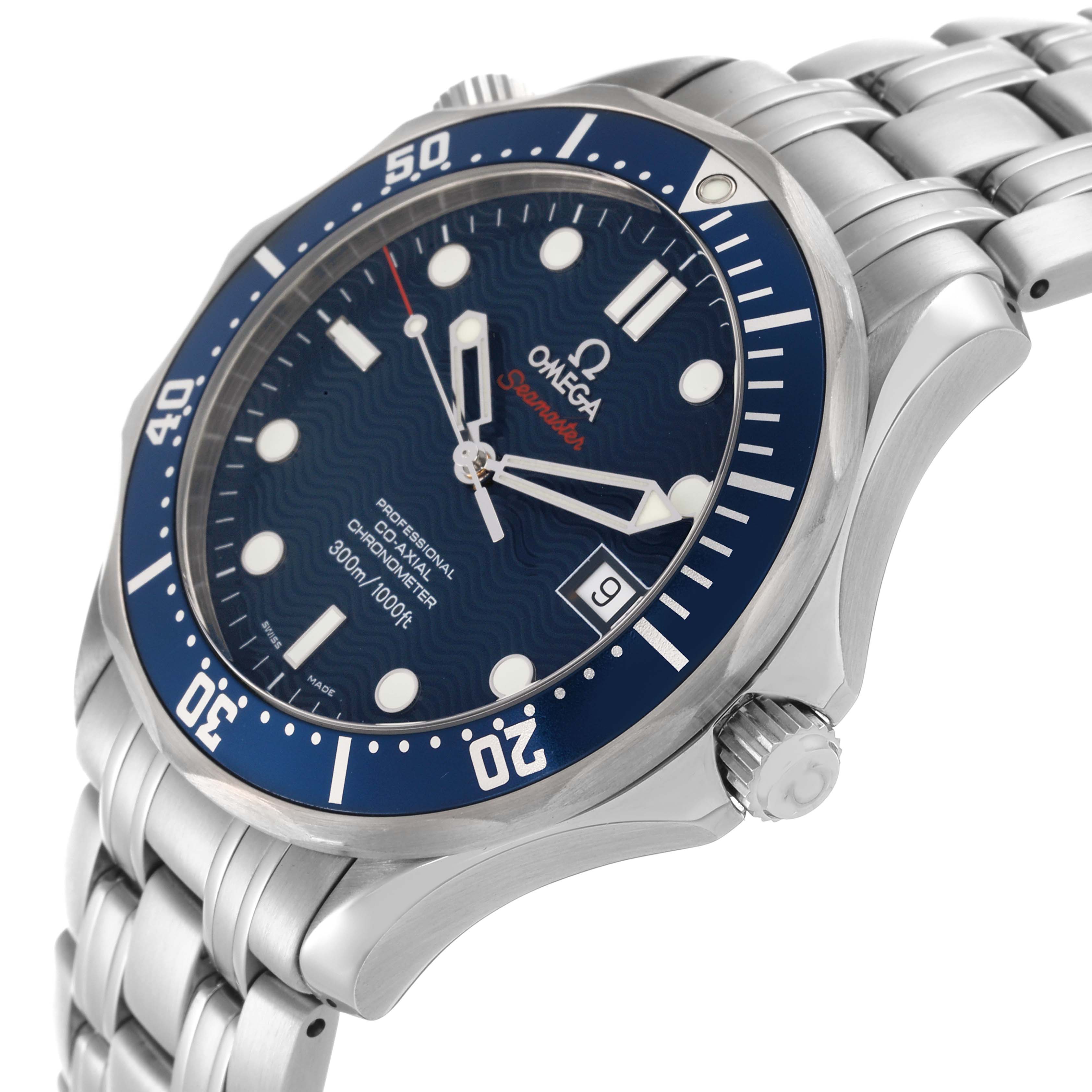 The Omega Seamaster 2220.80.00 Men
s Stainless Steel Blue Dial 2220.80.00 Men
s Stainless Steel Blue Dial is shown from a side angle highlighting the bezel, crown, bracelet, and part of the dial.