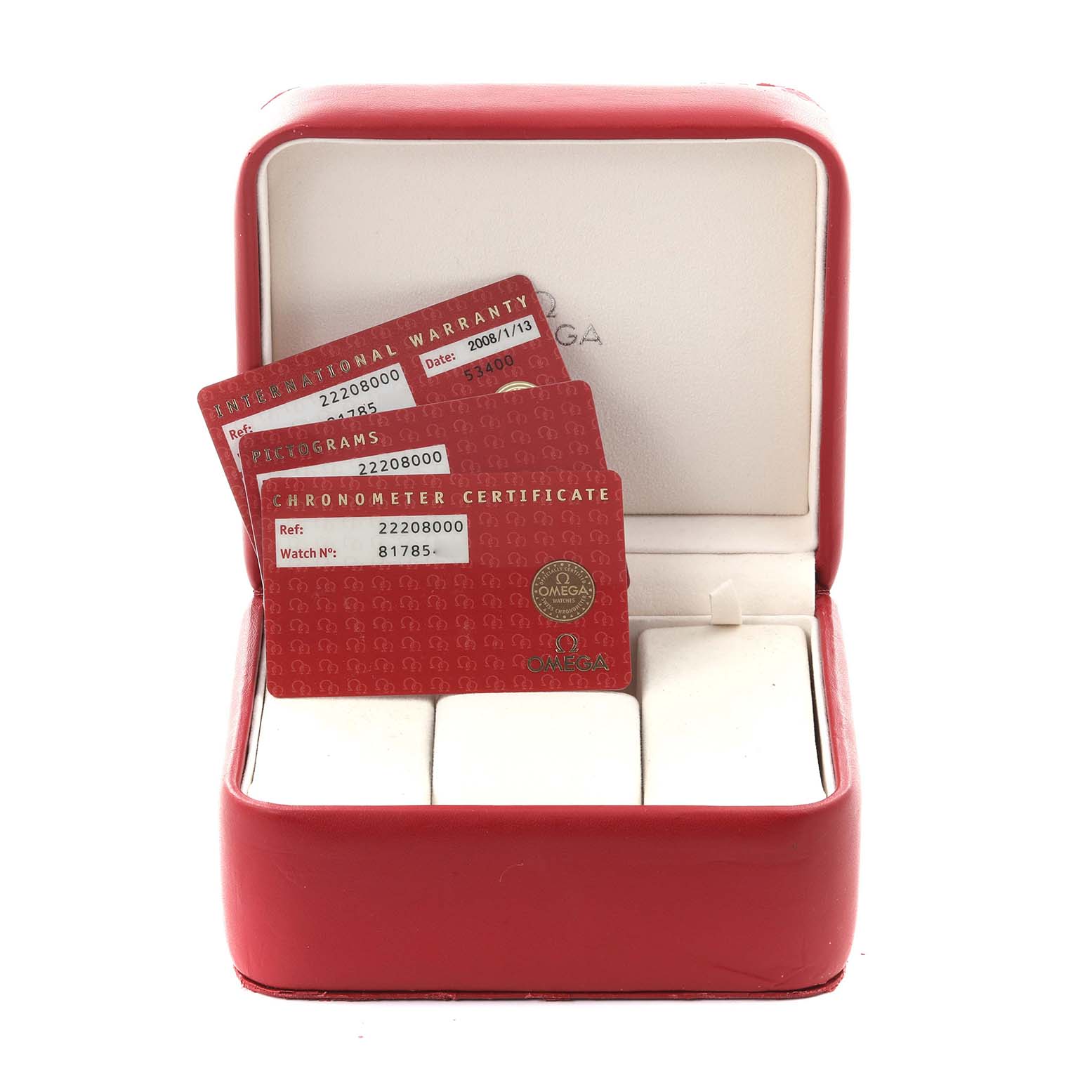 The Omega Seamaster 2220.80.00 Men
s Stainless Steel Blue Dial 2220.80.00 Men
s Stainless Steel Blue Dial watch
s box is shown open, displaying warranty and chronometer certificate cards inside.