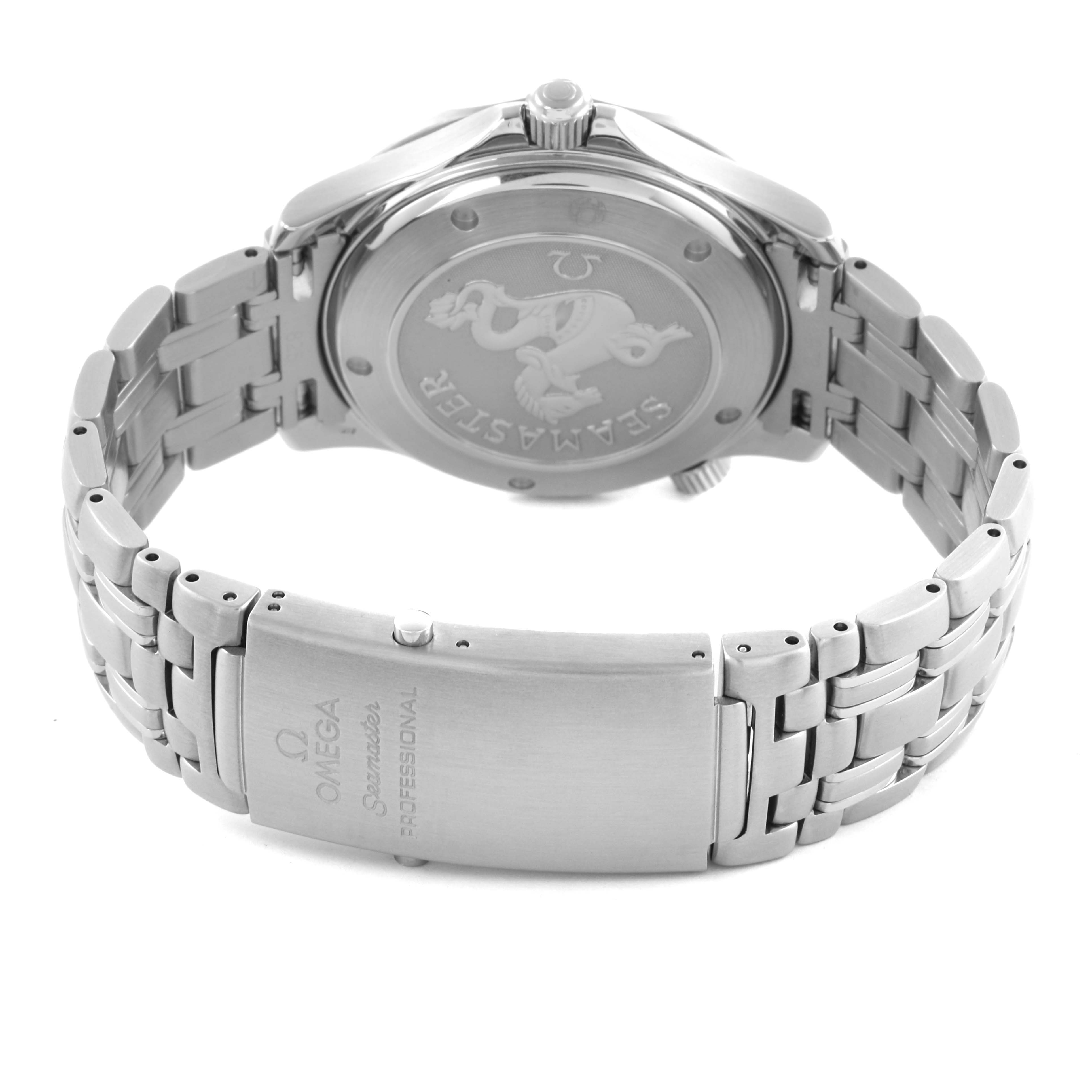 The Omega Seamaster 2220.80.00 Men
s Stainless Steel Blue Dial 2220.80.00 Men
s Stainless Steel Blue Dial is shown from the back, featuring the case back and part of the bracelet with the clasp visible.