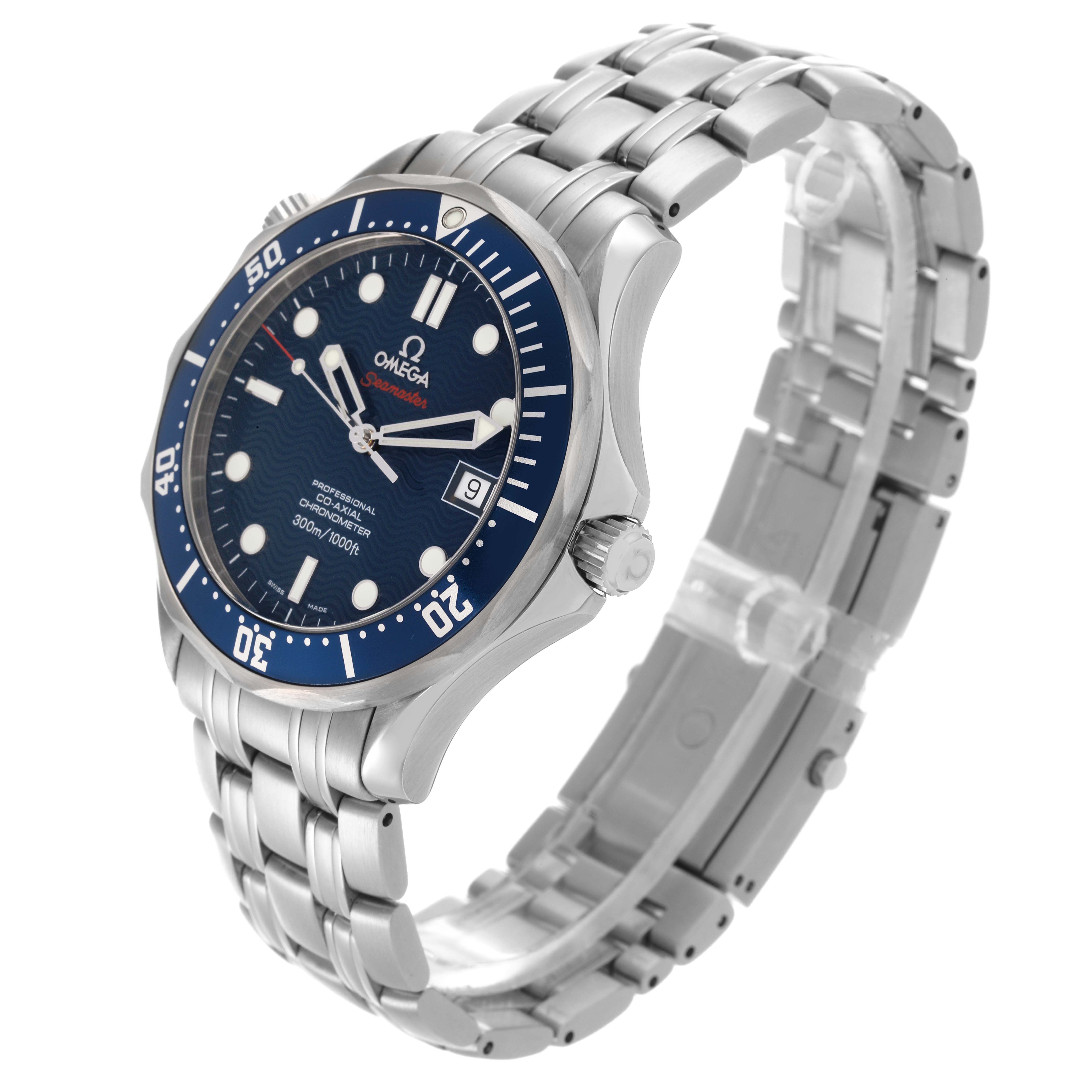 The Omega Seamaster 2220.80.00 Men
s Stainless Steel Blue Dial 2220.80.00 Men
s Stainless Steel Blue Dial watch is shown at a side angle, displaying the face, bezel, crown, and metal bracelet.