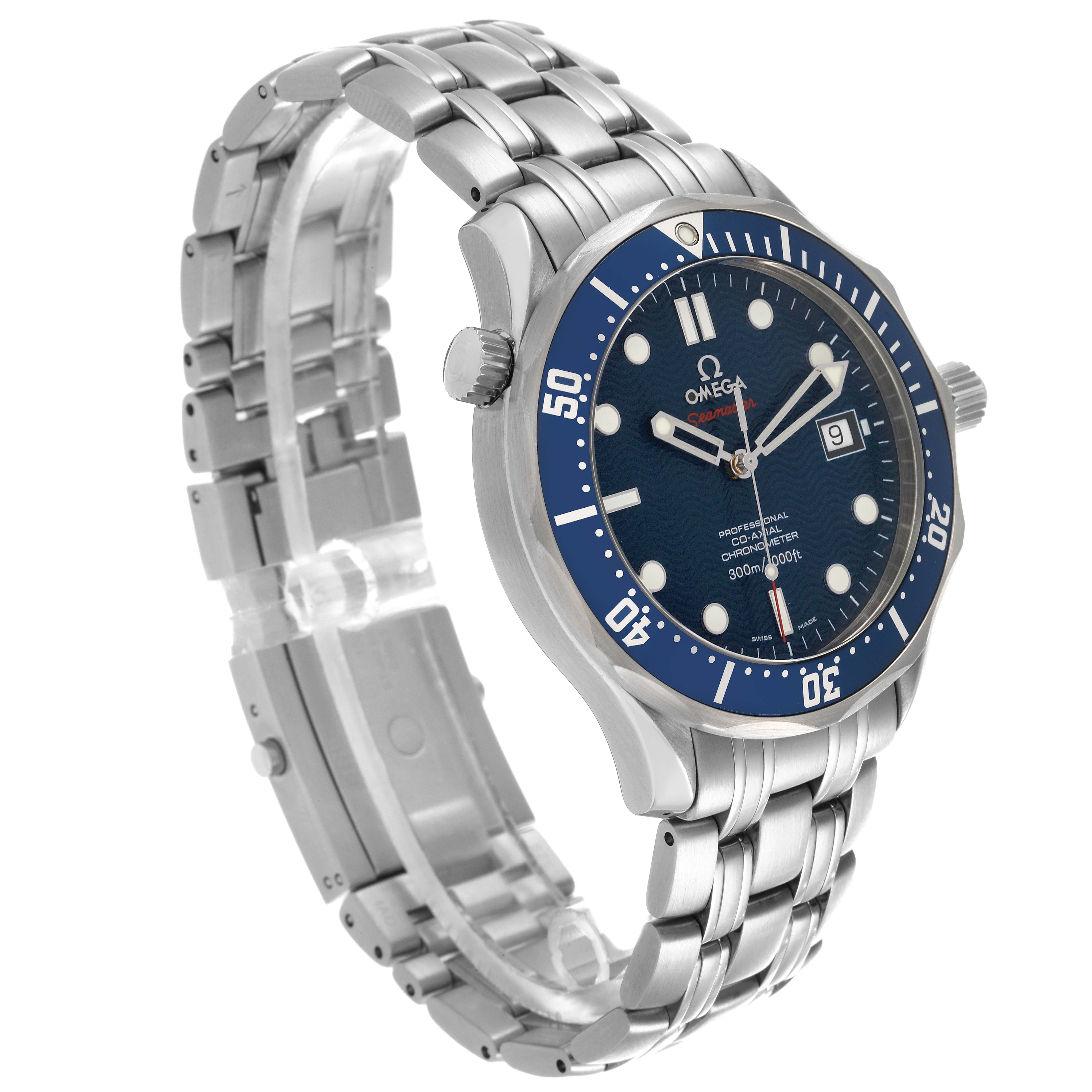 The Omega Seamaster 2220.80.00 Men
s Stainless Steel Blue Dial 2220.80.00 Men
s Stainless Steel Blue Dial watch is shown at a three-quarter angle highlighting the face, bezel, and metal bracelet.