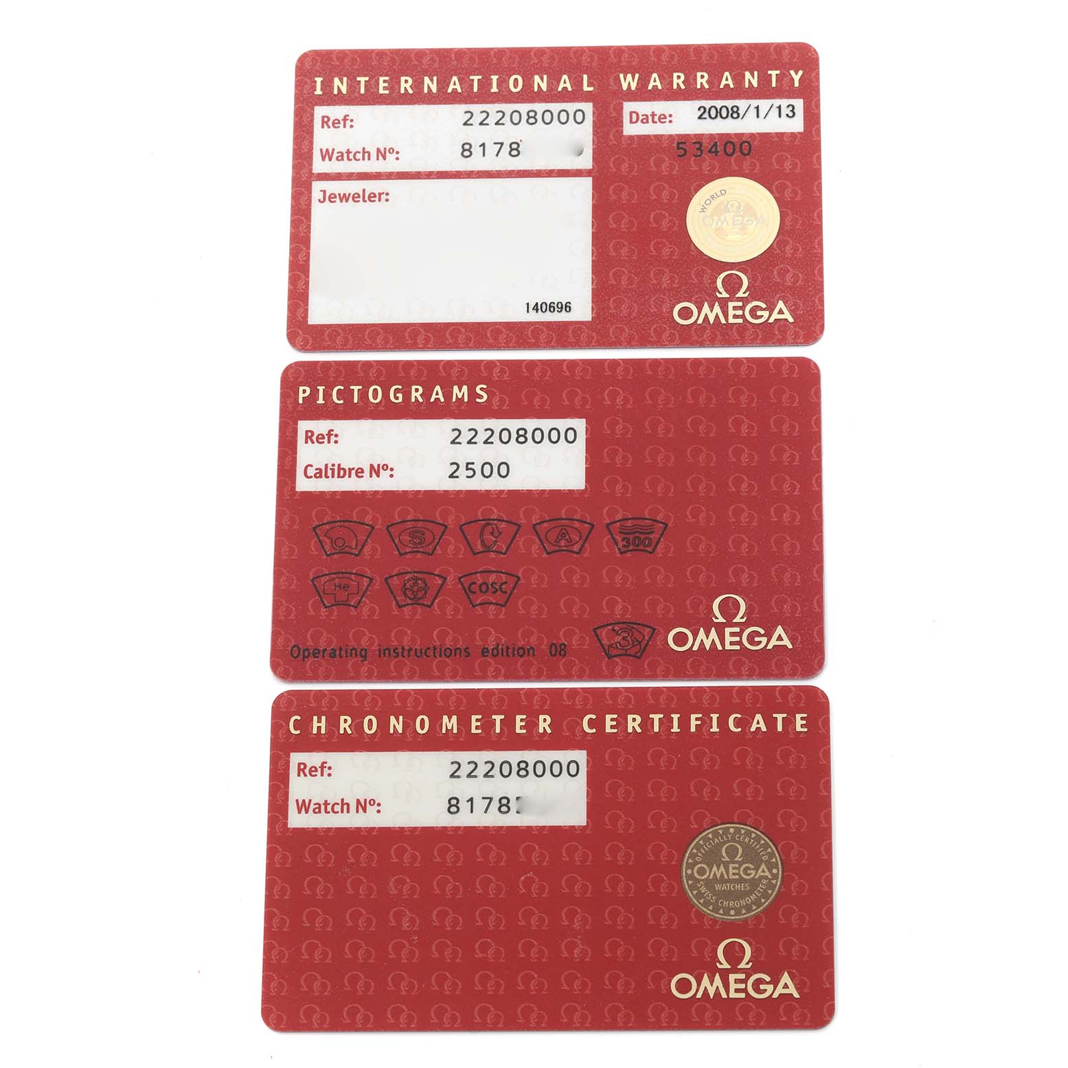 The image shows three Omega Seamaster 2220.80.00 Men
s Stainless Steel Blue Dial 2220.80.00 Men
s Stainless Steel Blue Dial accessory cards: International Warranty, Pictograms, and Chronometer Certificate.