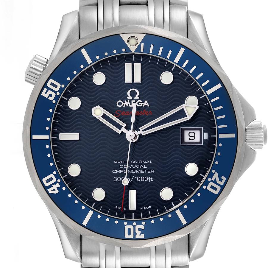 The Omega Seamaster watch is shown from the front, highlighting its bezel, dial, hands, date window, and part of the bracelet.