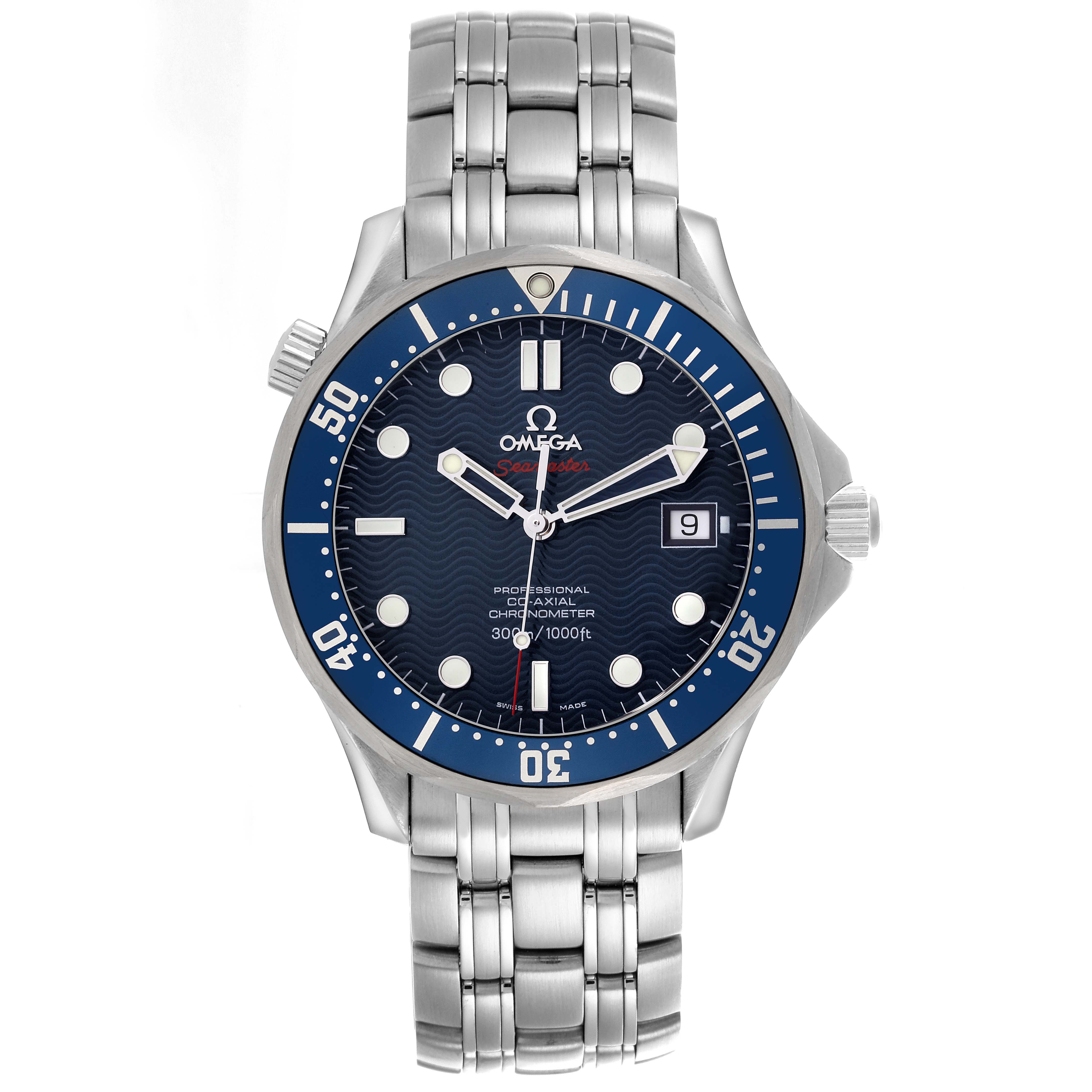 The Omega Seamaster 2220.80.00 Men
s Stainless Steel Blue Dial 2220.80.00 Men
s Stainless Steel Blue Dial watch is shown from a front angle, highlighting the face, bezel, and bracelet.