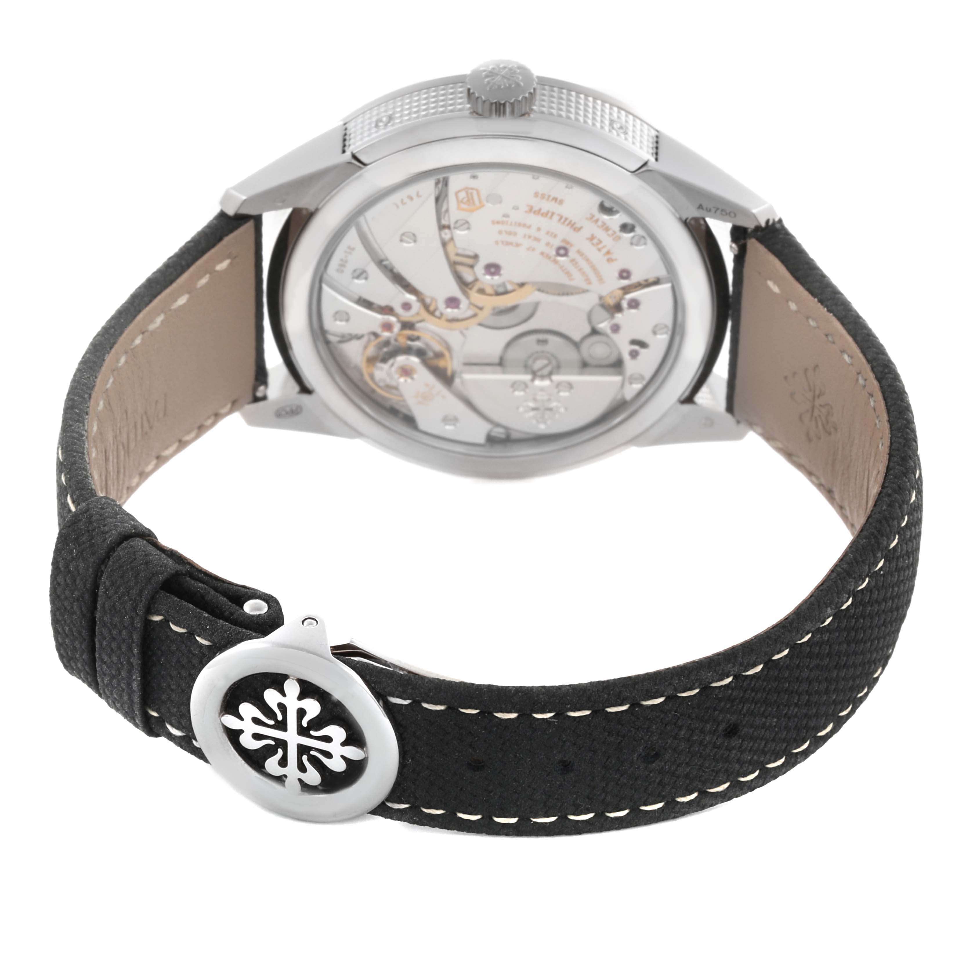 This image shows the back view of a Patek Philippe Complications 5326G-001 Men's White Gold Grey Dial 5326G-001 Men's White Gold Grey Dial watch, featuring its movement and black strap.