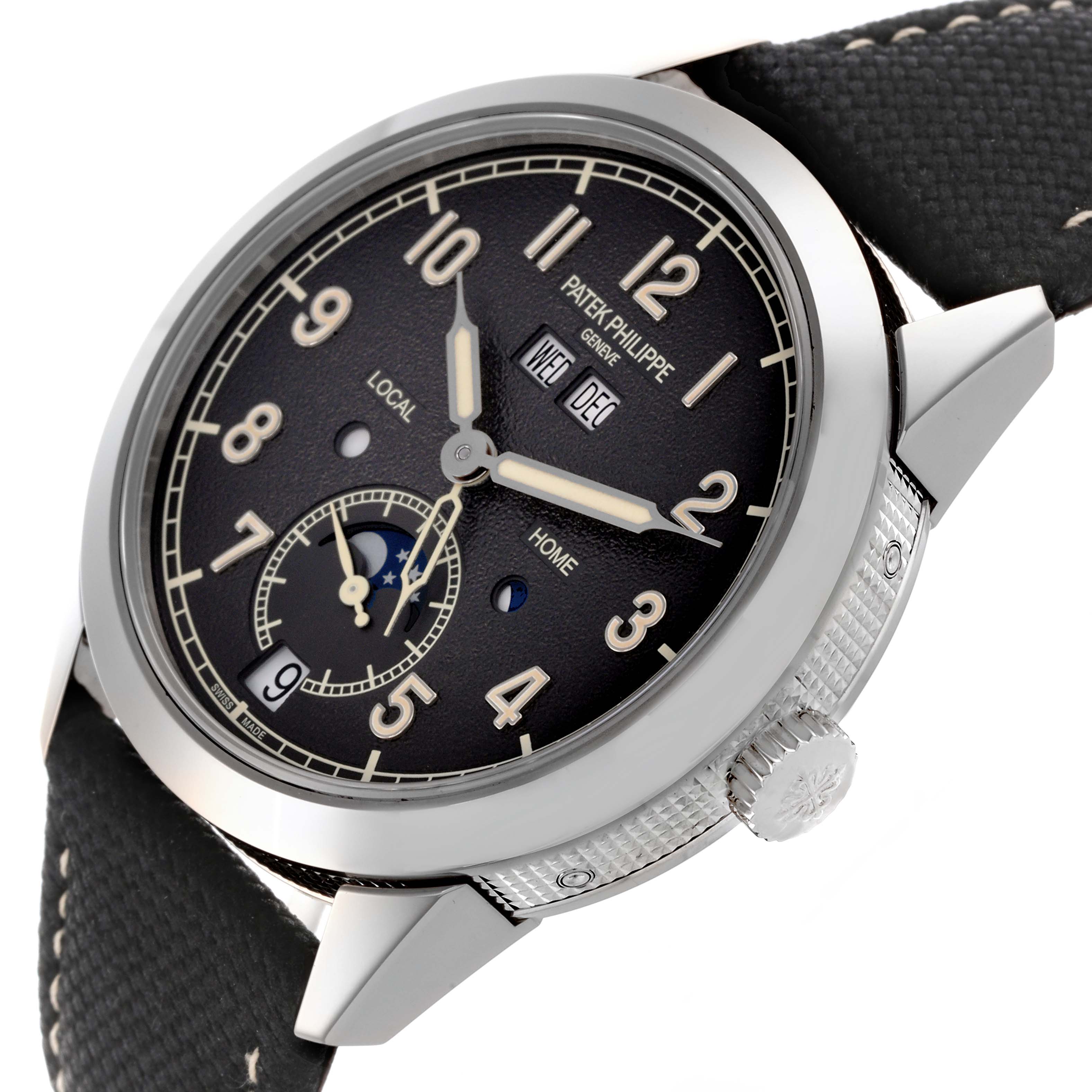 The image shows a Patek Philippe Complications 5326G-001 Men's White Gold Grey Dial 5326G-001 Men's White Gold Grey Dial watch at an angled side view, highlighting the dial, crown, and part of the strap.