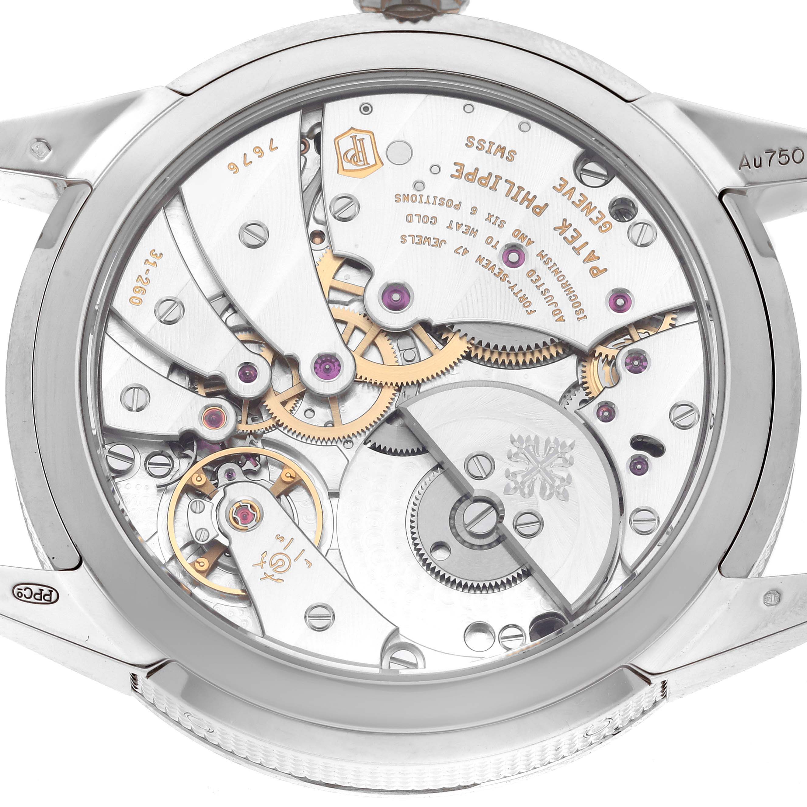 The image shows the back of a Patek Philippe Complications 5326G-001 Men's White Gold Grey Dial 5326G-001 Men's White Gold Grey Dial, highlighting its intricate movement and gears.