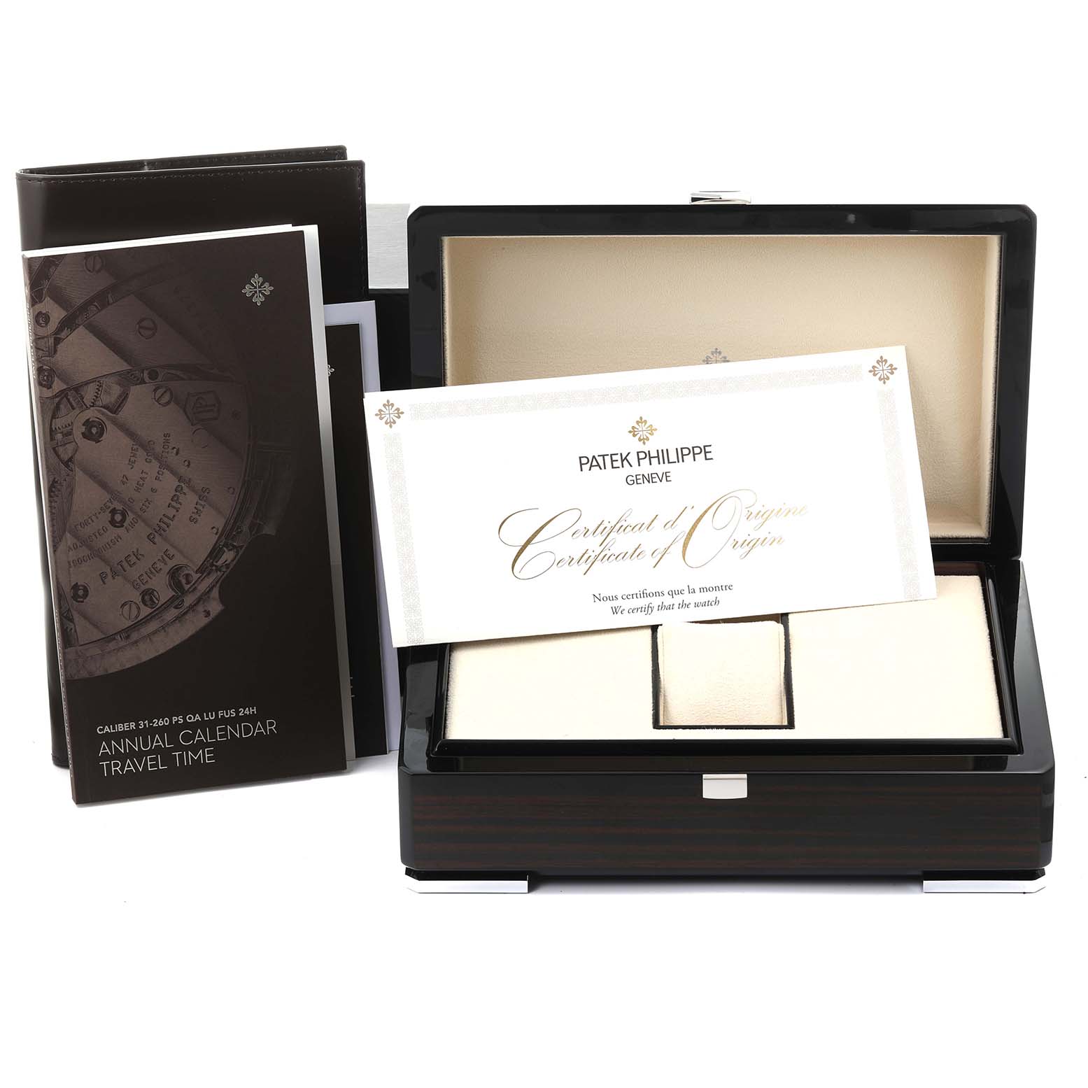 The image shows the packaging and documents of a Patek Philippe Complications 5326G-001 Men's White Gold Grey Dial 5326G-001 Men's White Gold Grey Dial watch, including a box and certificate.