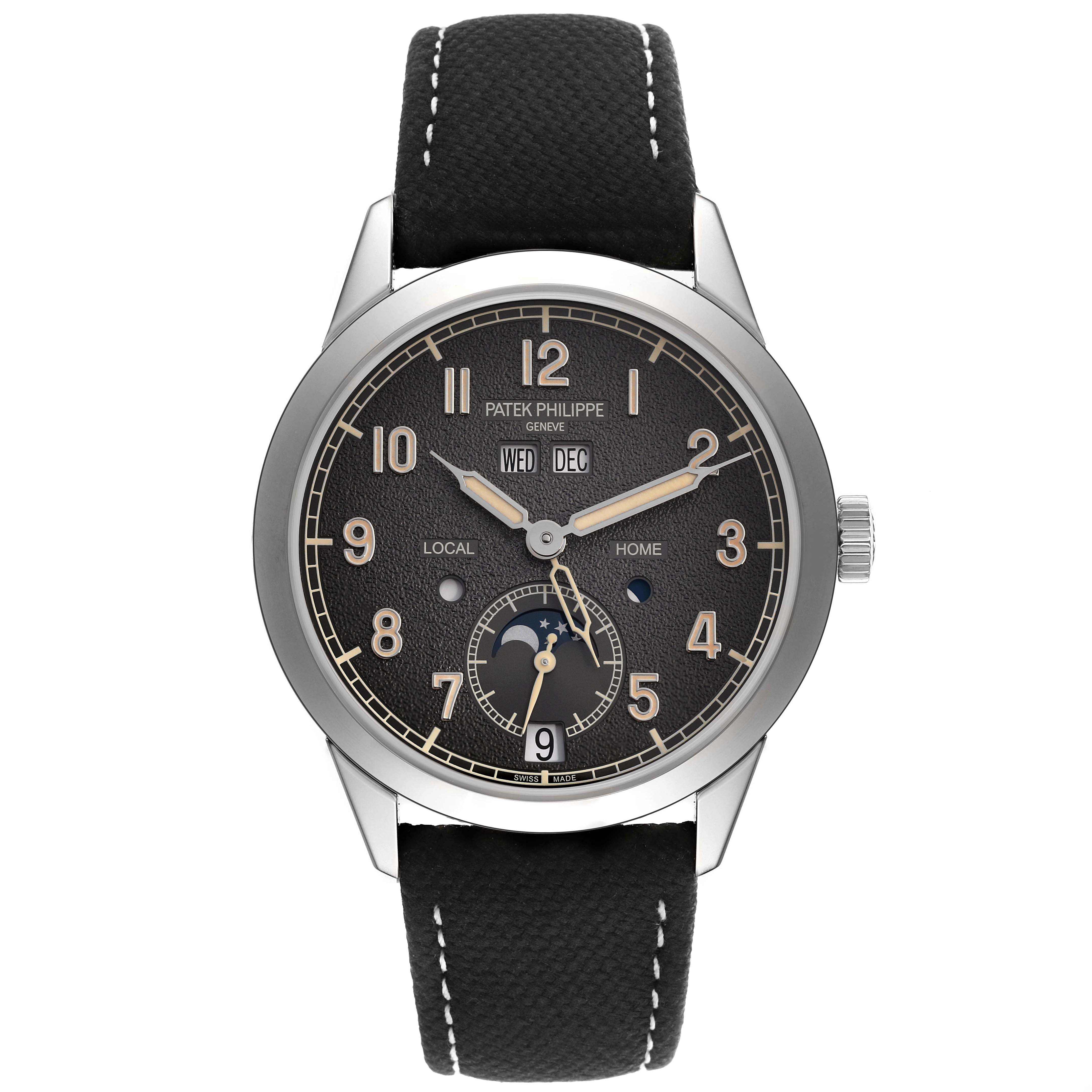 The Patek Philippe Complications 5326G-001 Men's White Gold Grey Dial 5326G-001 Men's White Gold Grey Dial watch is shown from the front, displaying the full dial, case, and strap.