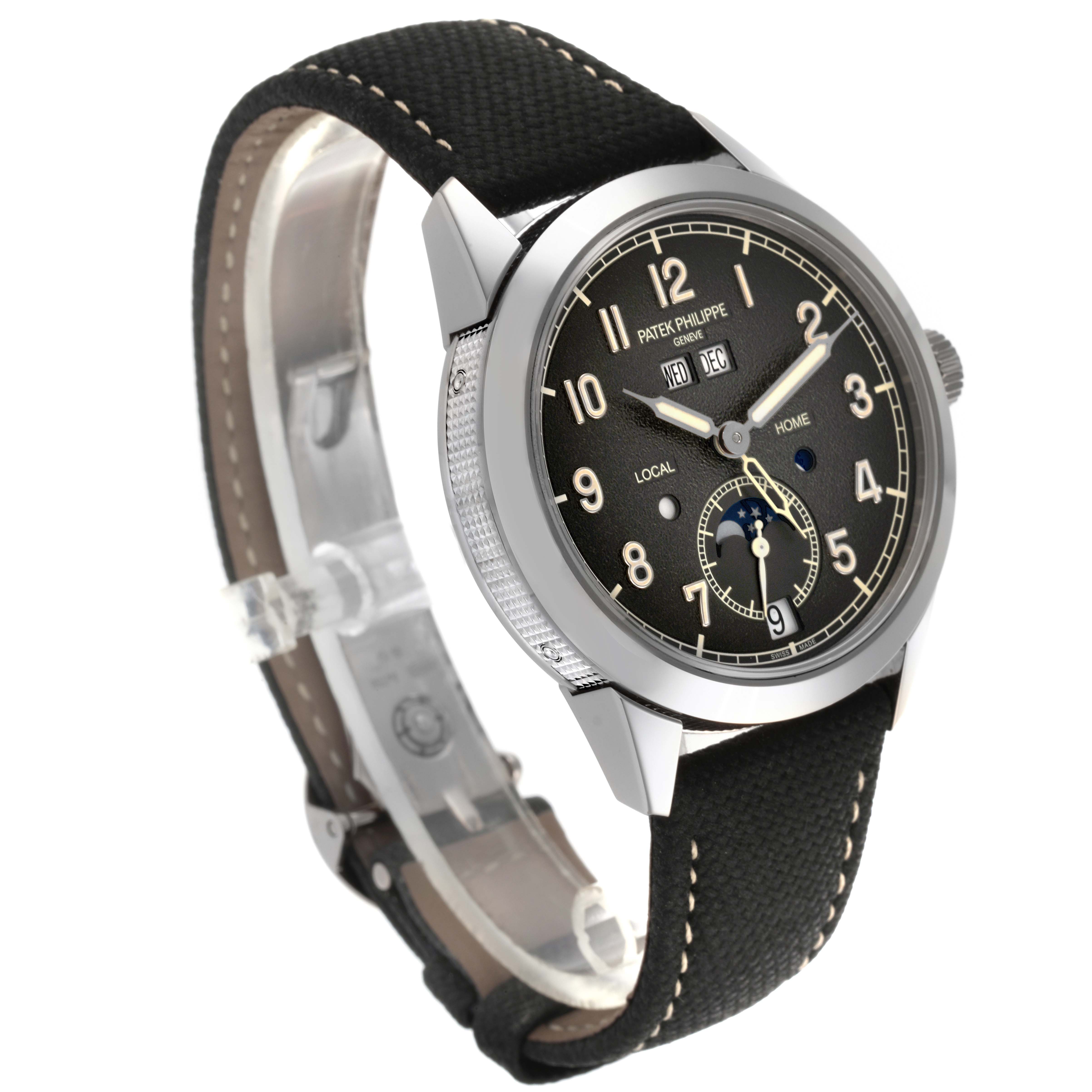 The Patek Philippe Complications 5326G-001 Men's White Gold Grey Dial 5326G-001 Men's White Gold Grey Dial watch is shown at a three-quarter angle, displaying the face, bezel, and part of the strap.