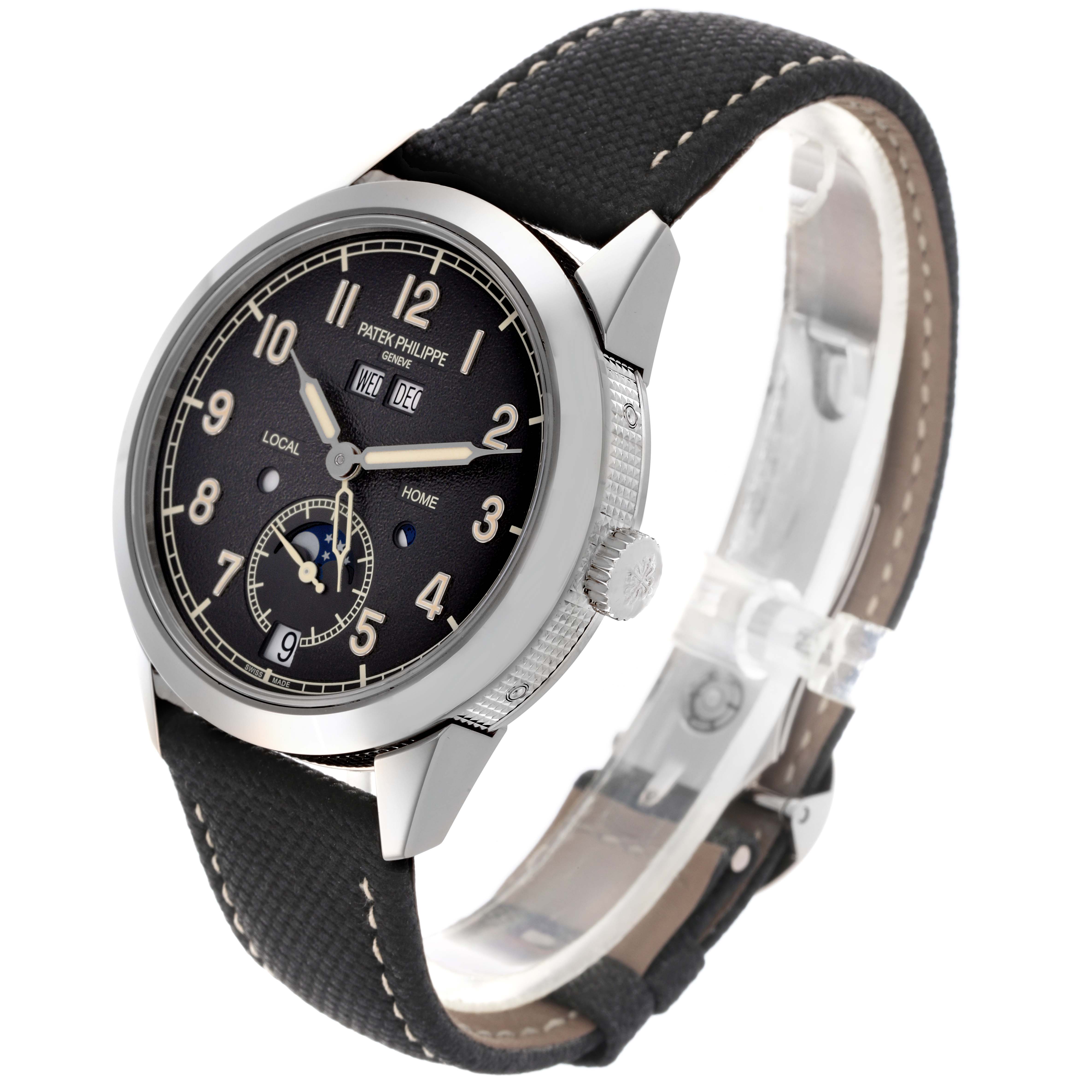 The image shows the Patek Philippe Complications 5326G-001 Men's White Gold Grey Dial 5326G-001 Men's White Gold Grey Dial watch from a front angle, highlighting the dial, bezel, crown, and strap.