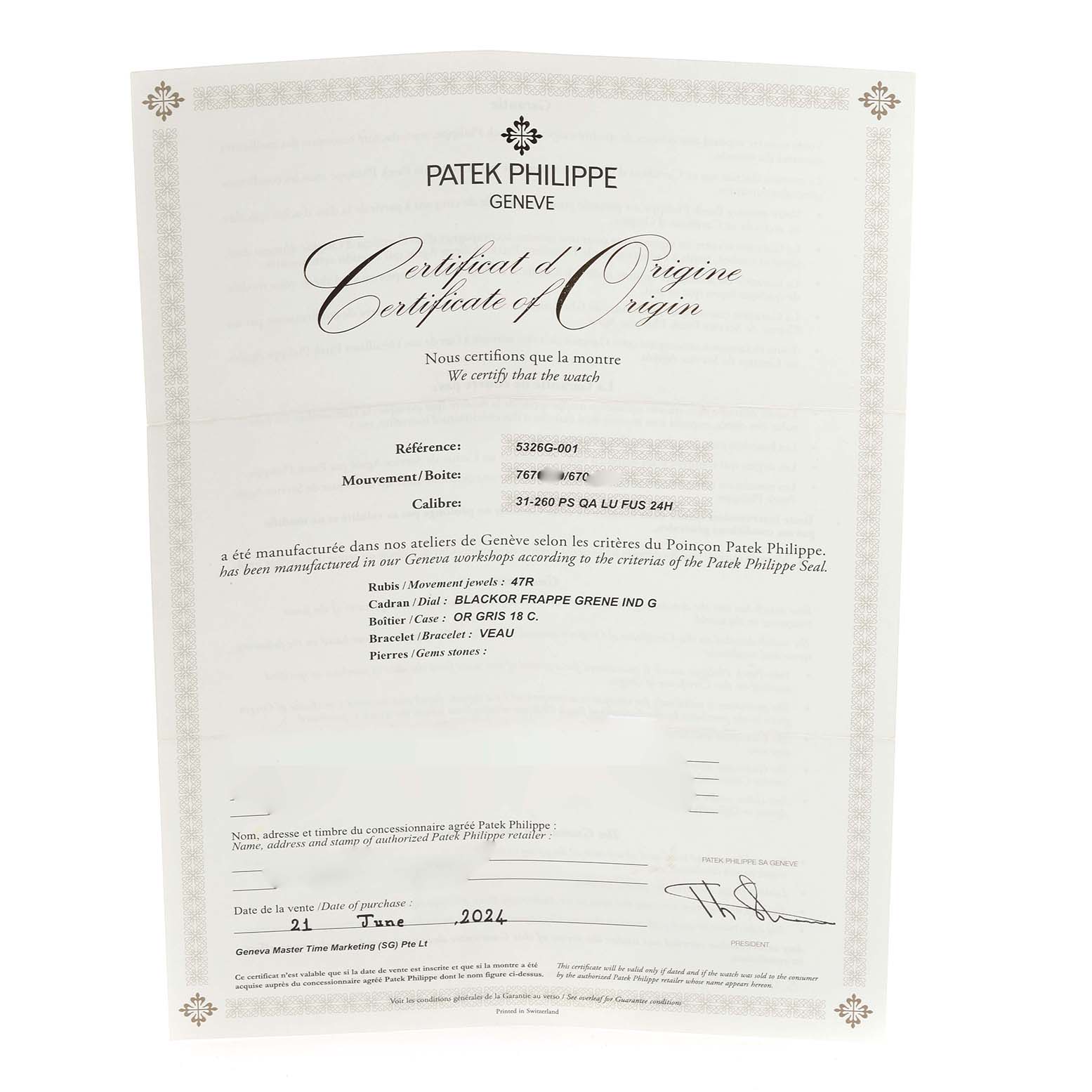 This image shows the Certificate of Origin for the Patek Philippe Complications 5326G-001 Men's White Gold Grey Dial 5326G-001 Men's White Gold Grey Dial model.