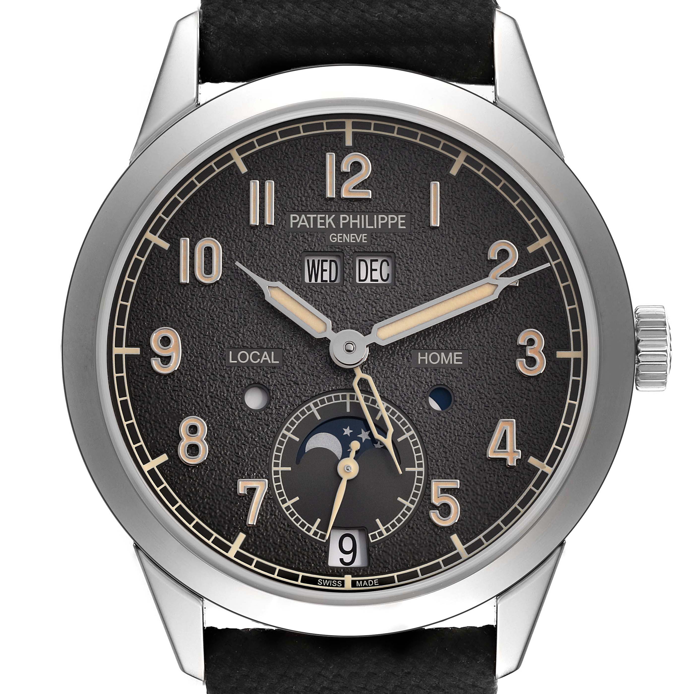 The Patek Philippe Complications 5326G-001 Men's White Gold Grey Dial 5326G-001 Men's White Gold Grey Dial watch is shown from the front, highlighting its dial, numerals, hands, and moon-phase feature.