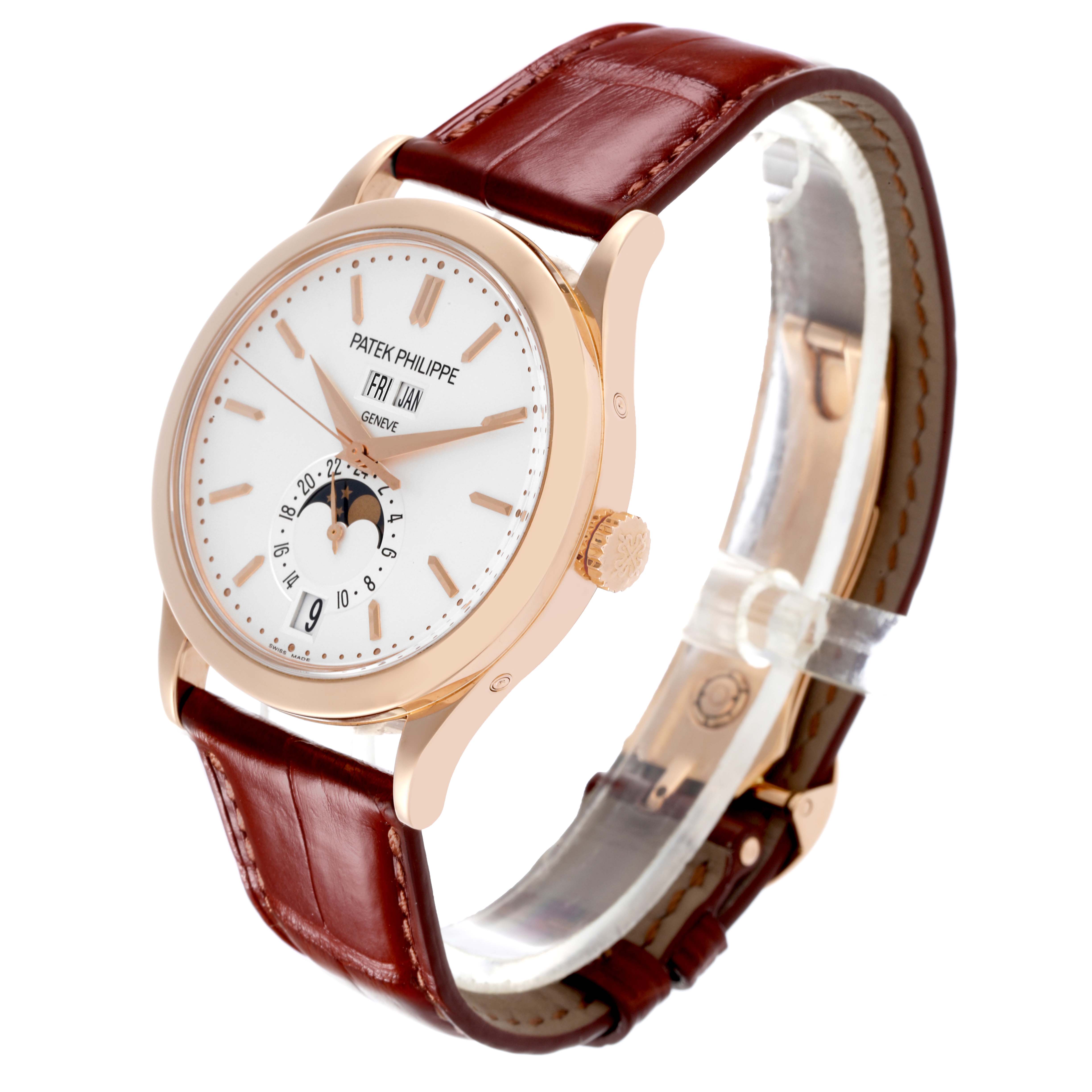 The Patek Philippe Complications 5396R-011 Men
s Rose Gold Silver Dial 5396R-011 Men
s Rose Gold Silver Dial watch is shown at a slight side angle, displaying the dial, case, strap, and crown.