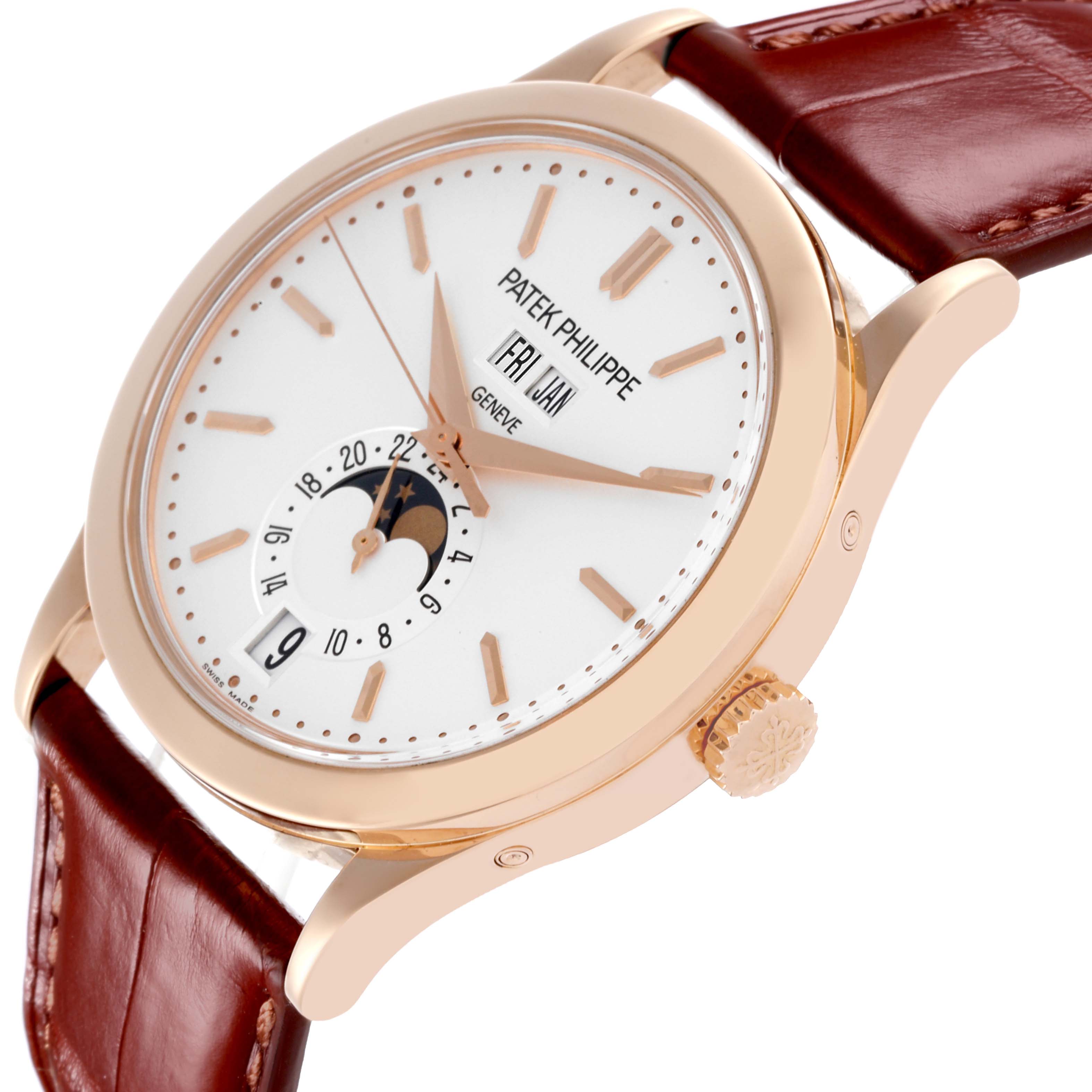 The Patek Philippe Complications 5396R-011 Men
s Rose Gold Silver Dial 5396R-011 Men
s Rose Gold Silver Dial is shown at an angled side view, highlighting the dial, crown, and leather strap.